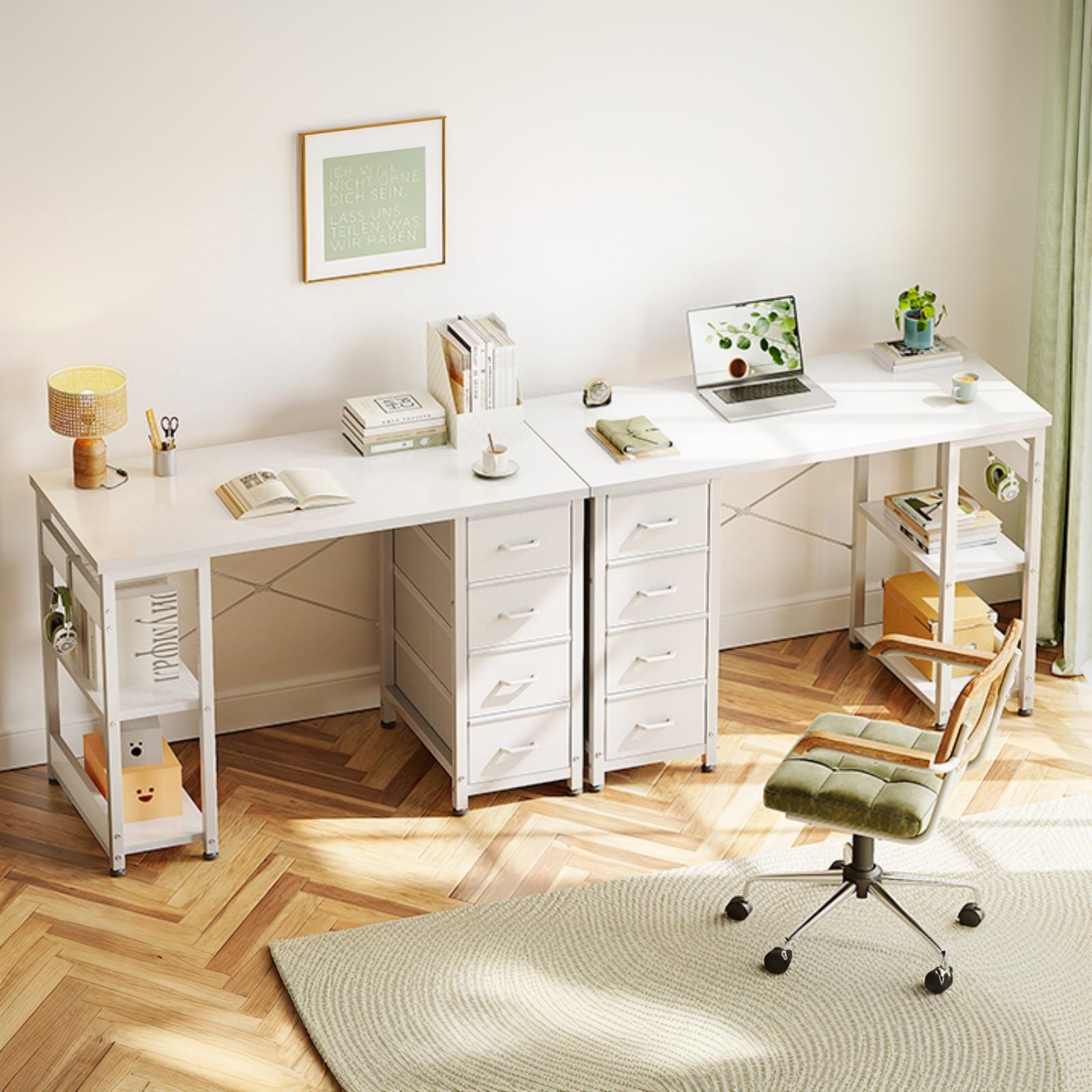 White Computer Desk with Drawers & Storage Shelves, 40 Inch Corner Desk for Home Office Bedroom, Small Teen PC Desks with Fabric Drawer, White