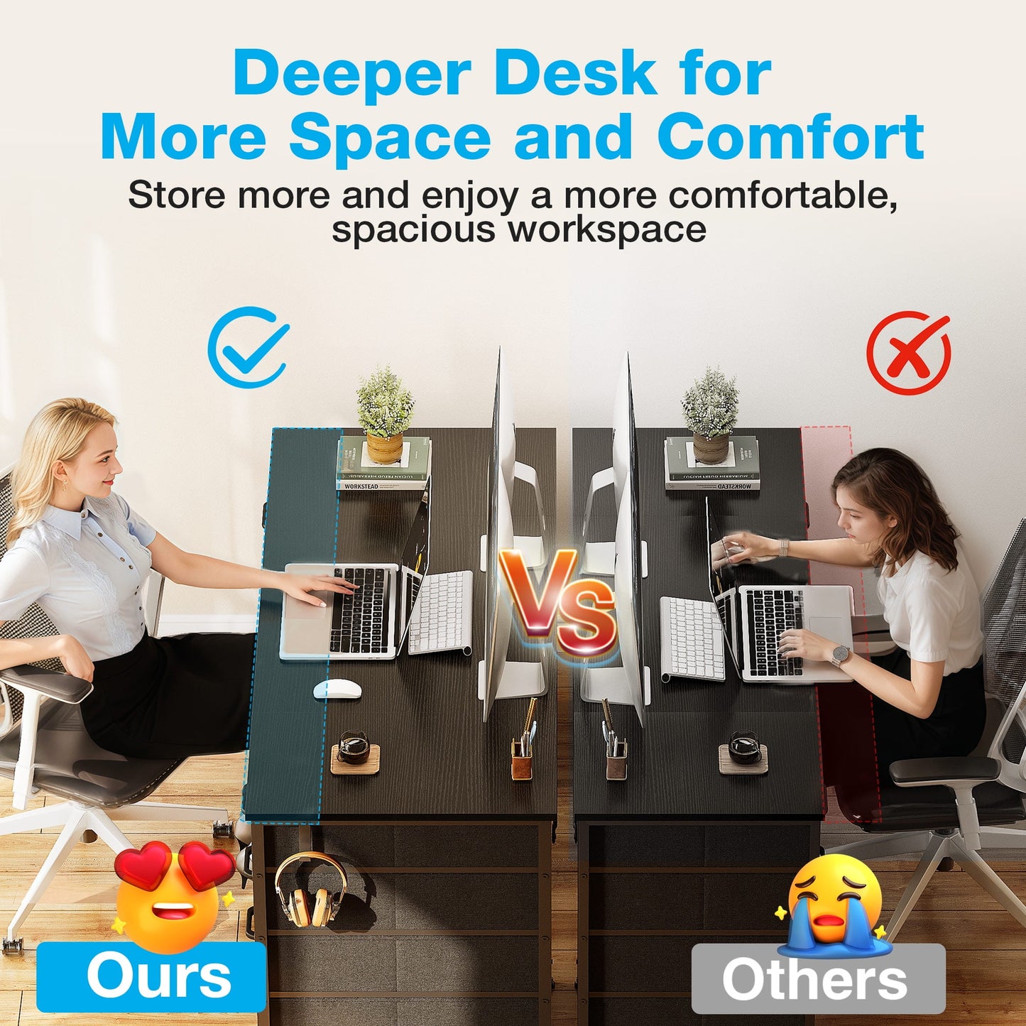 Black Computer Desk with Drawers for Storage - 55 inch Home Office Desk with 8 Fabric Drawers, Writing Study Desk with Drawers on Both Sides for Bedroom