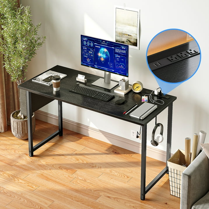 Sofanext 55 inch Computer Desk, Large Home Office Desk with Power Outlet, Student Desk with Storage Bag & Headphone Hook, Black