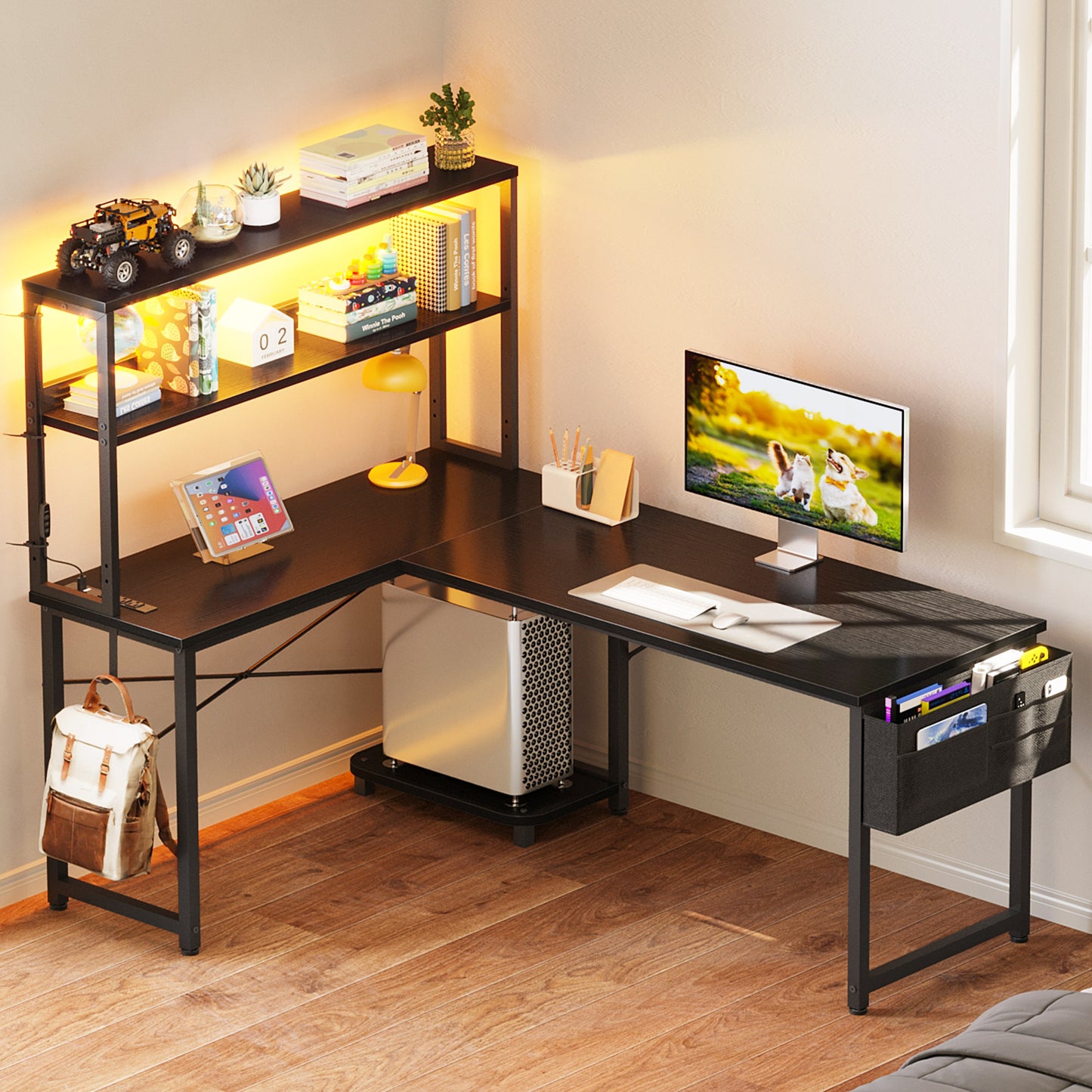 53 Inch L-Shaped Office Desk with Power Outlets, Gaming Desk with LED Lights for Home Office, Corner Computer Desk with Hutch, Black