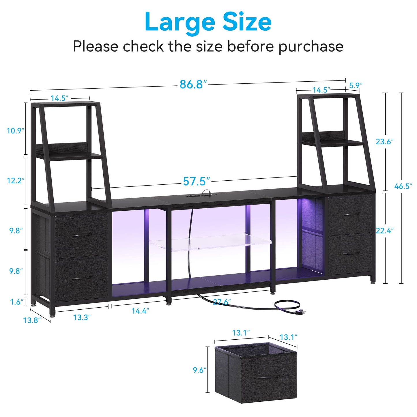 Sofanext TV Stand for up to 65 Inch TV, 87" Entertainment Center with Power Outlets & LED Lights, Modern Media Console with Glass Shelf & 4 Fabric Drawers for Living Room Bedroom, Black