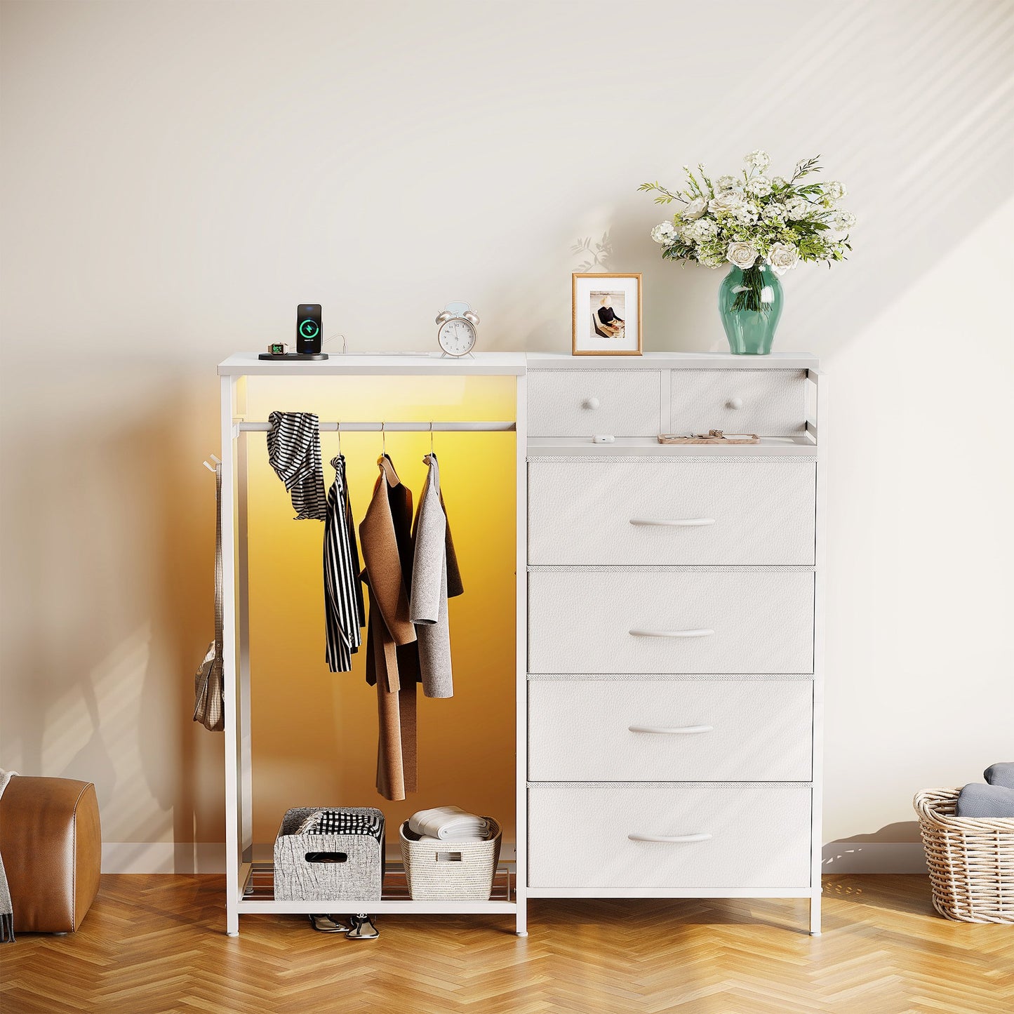 Dresser for Bedroom with Clothes Rack, 6 Drawers Dresser with Charging Station & LED Lights, White Storage Chest of Shelf for Bedroom, White