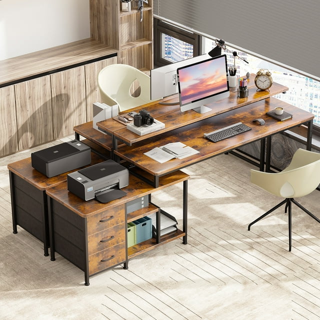 55 inch L Shaped Computer Desk with Drawers & Power Outlets, L-Shaped Gaming Desk with Removable File Cabinet, Reversible Corner Desk with Monitor Stand for Home Office Workstation, Rustic Brown