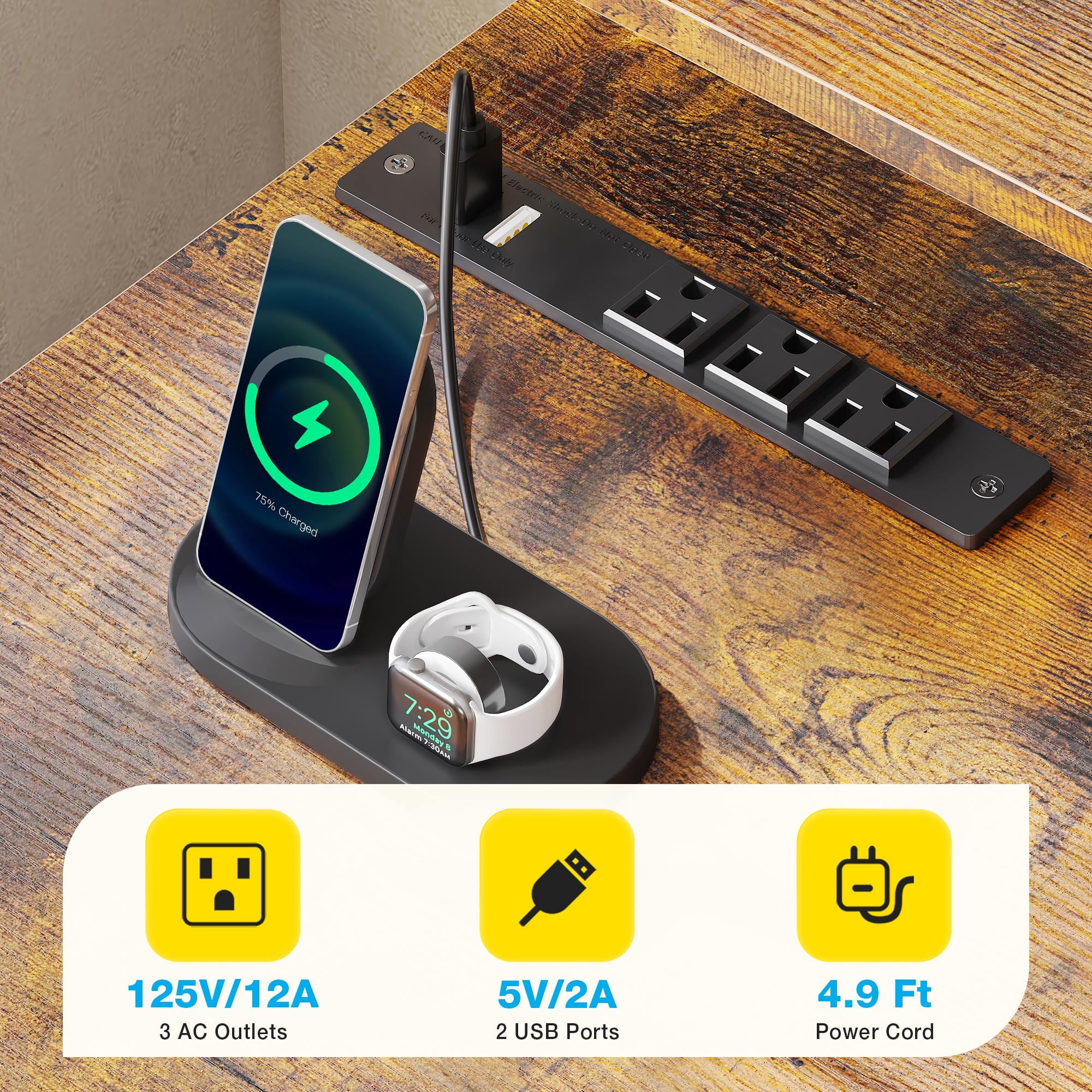 55 inch Office Desk with Power Outlet and Adjustable Monitor Stand, Computer Desk with Fabric Drawer and Keyboard Tray, Gaming Desk with LED Light & PC Stand, Vintage