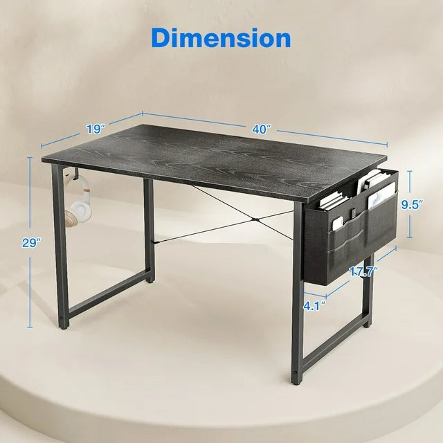 Computer Writing Desk 40 inch, Sturdy Home Office Table, Work Desk with a Storage Bag and Headphone Hook, Espresso Gray