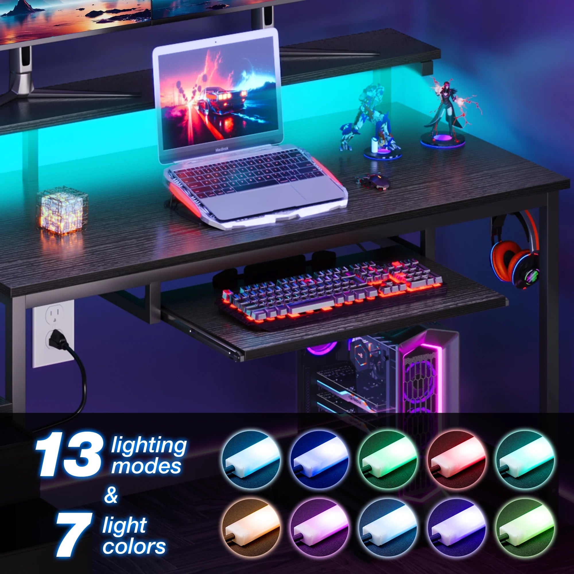 55 Inch Reversible Gaming Desk with Power Outlets and LED Light, Office Desk with File Cabinet & Drawer, Computer Desk with Keyboard Tray and Full Monitor Riser and PC Stand, Study Table, Black