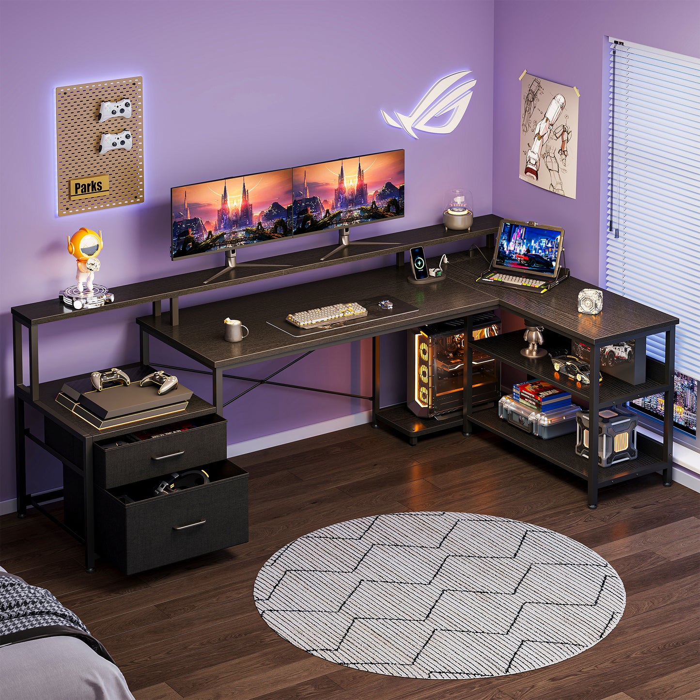 Sofanext 75 inch L Shaped Desk with Power Outlets,Large Computer Desk with File Drawer,Home Office Desk with Printer Stand & Storage Shelves,Gaming Desk with Monitor Shelf,Corner Desk,Black