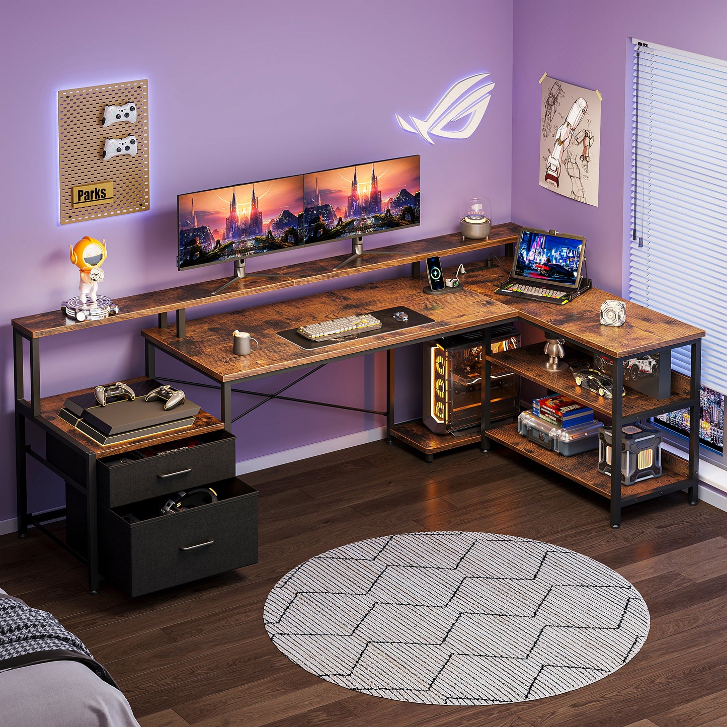 Sofanext 75 inch L Shaped Desk with Power Outlets,Large Computer Desk with File Drawer,Home Office Desk with Printer Stand & Storage Shelves,Gaming Desk with Monitor Shelf,Corner Desk,Vintage