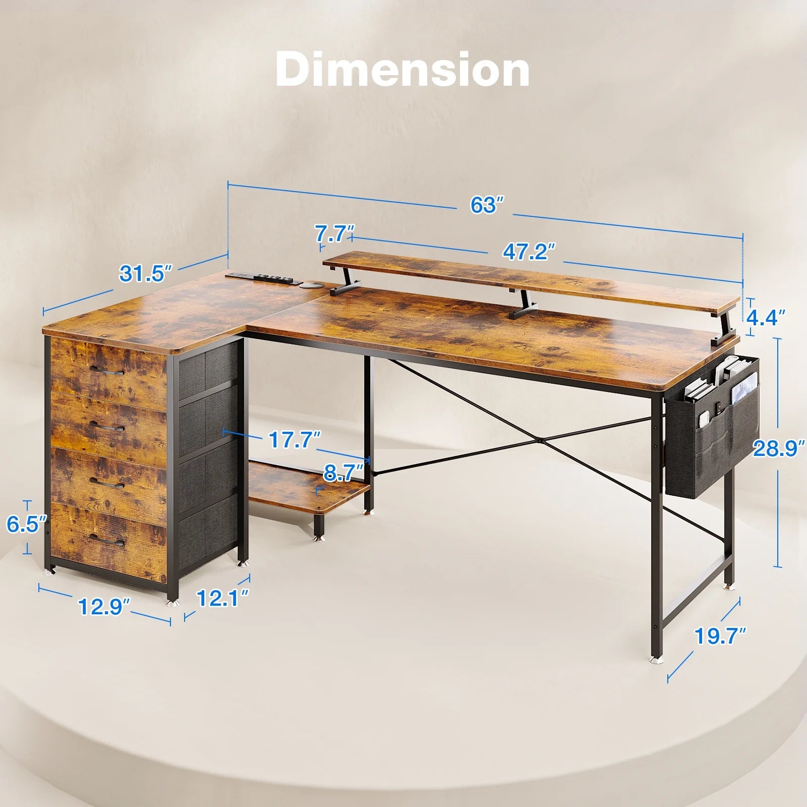 63 inch Corner Computer Desk with Power Outlets & LED Lights, Home Office Desk with 4-Tier Drawer & Storage Shelf, Ergonomic Gaming Desk with Monitor Stand, Vintage