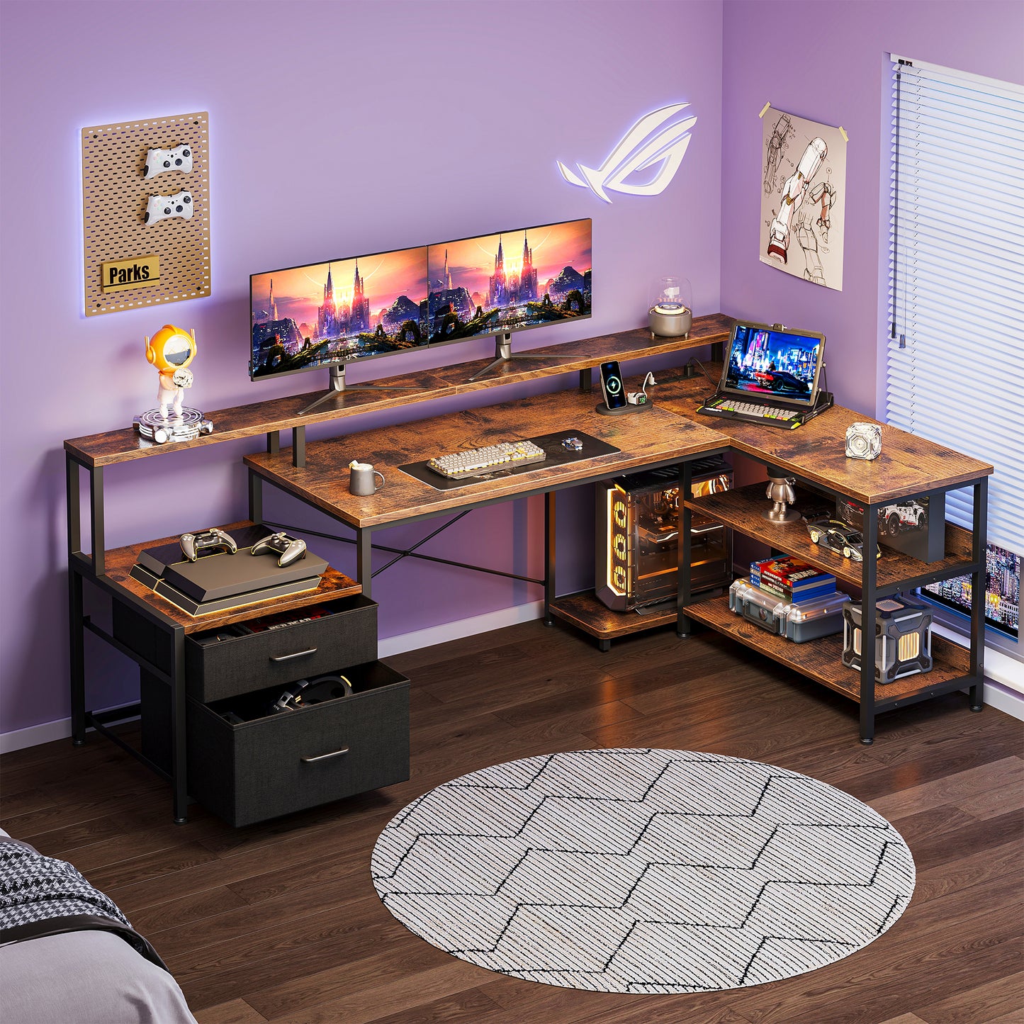 Sofanext 68 inch L Shaped Desk with Power Outlets,Large Computer Desk with File Drawer,Home Office Desk with Printer Stand & Storage Shelves,Gaming Desk with Monitor Shelf,Corner Desk,Vintage