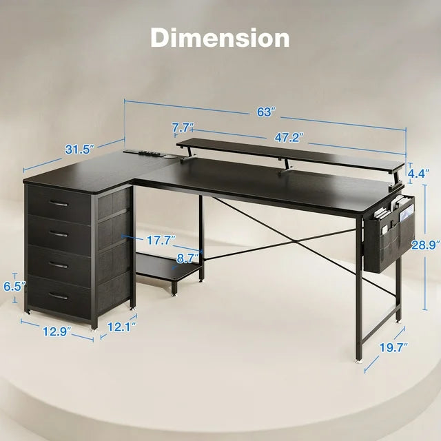 63 inch Corner Computer Desk with Power Outlets & LED Lights, Home Office Desk with 4-Tier Drawer & Storage Shelf, Ergonomic Gaming Desk with Monitor Stand, Black