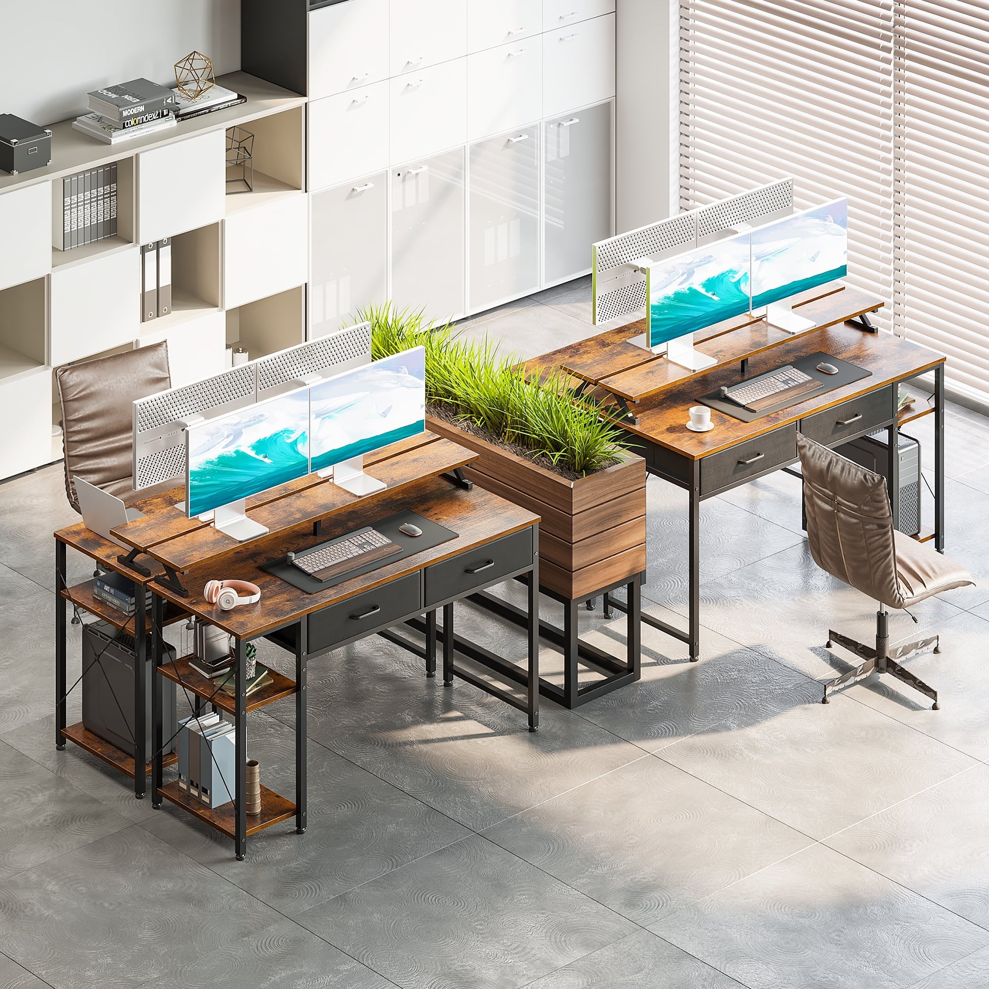 Computer Desk with Drawers and Storage Shelves, 48 inch Home Office Desk with Monitor Stand, Work Study PC Desk for Small Spaces, Rustic Brown