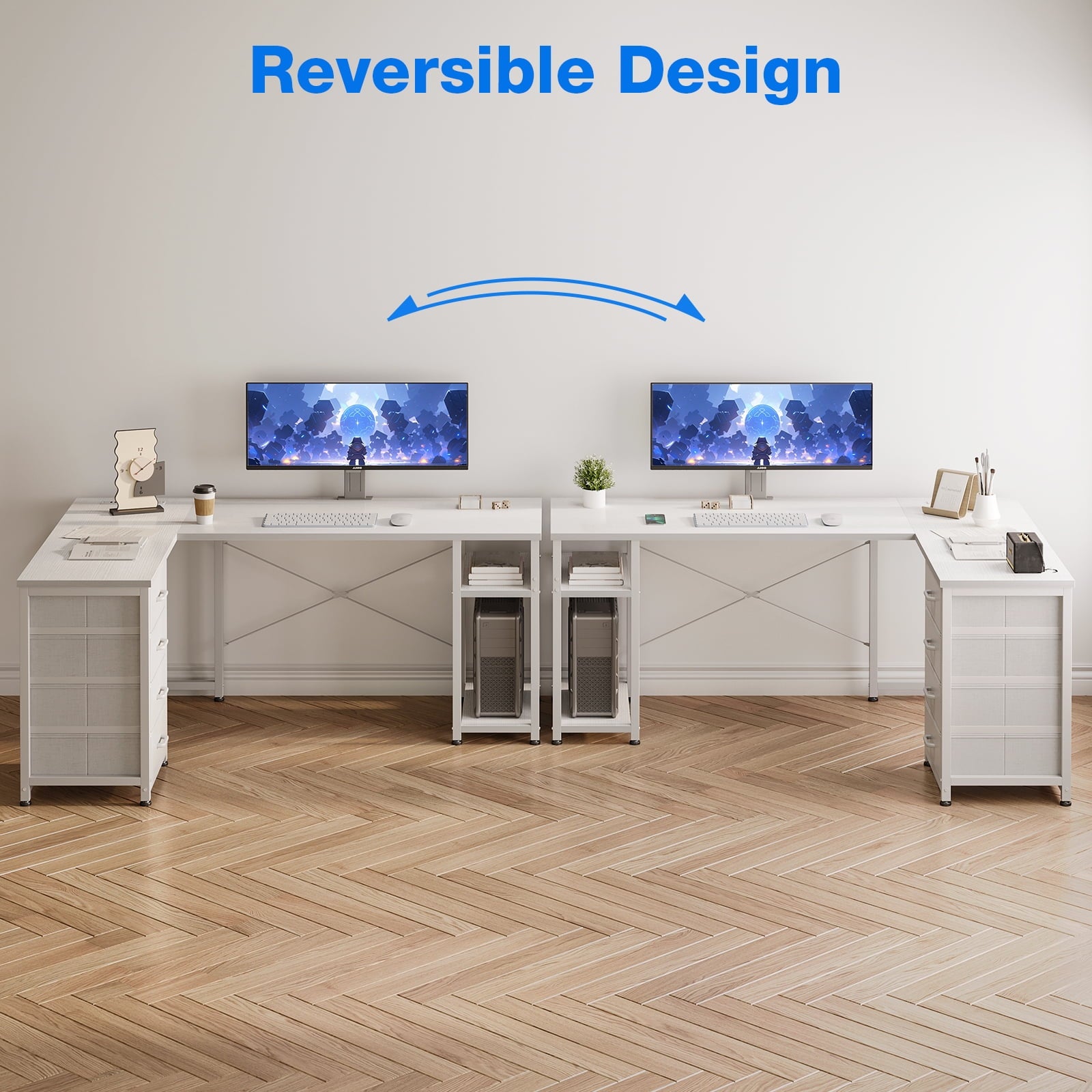 Sofanext Reversible Modern Simple Style L Shaped Desk with Charging Station and Drawers, Pure White