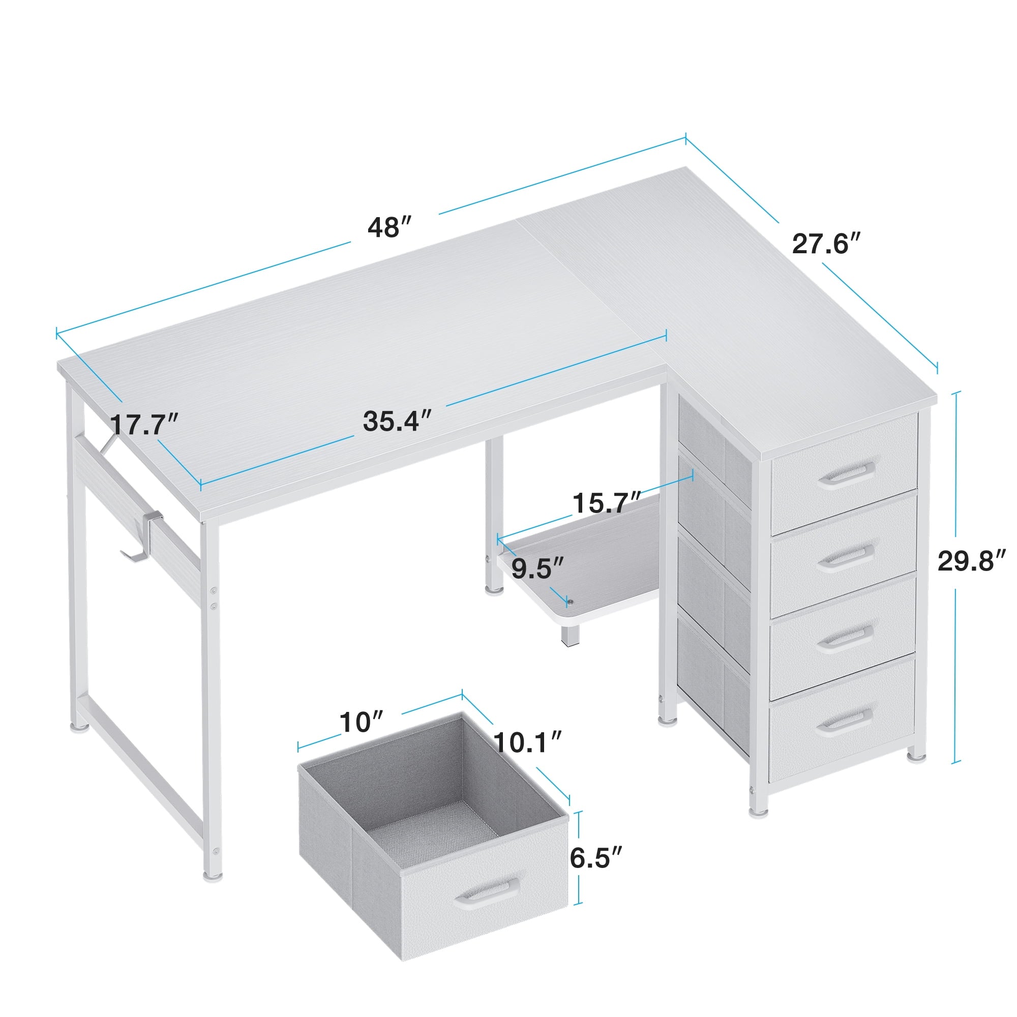 48 inch Computer Desk with 4 Fabric Drawers — Home Office Desks with Storage, Writing Desk with Side Hook, Kids Desk Study/Work Table for Bedroom and Small Space, White