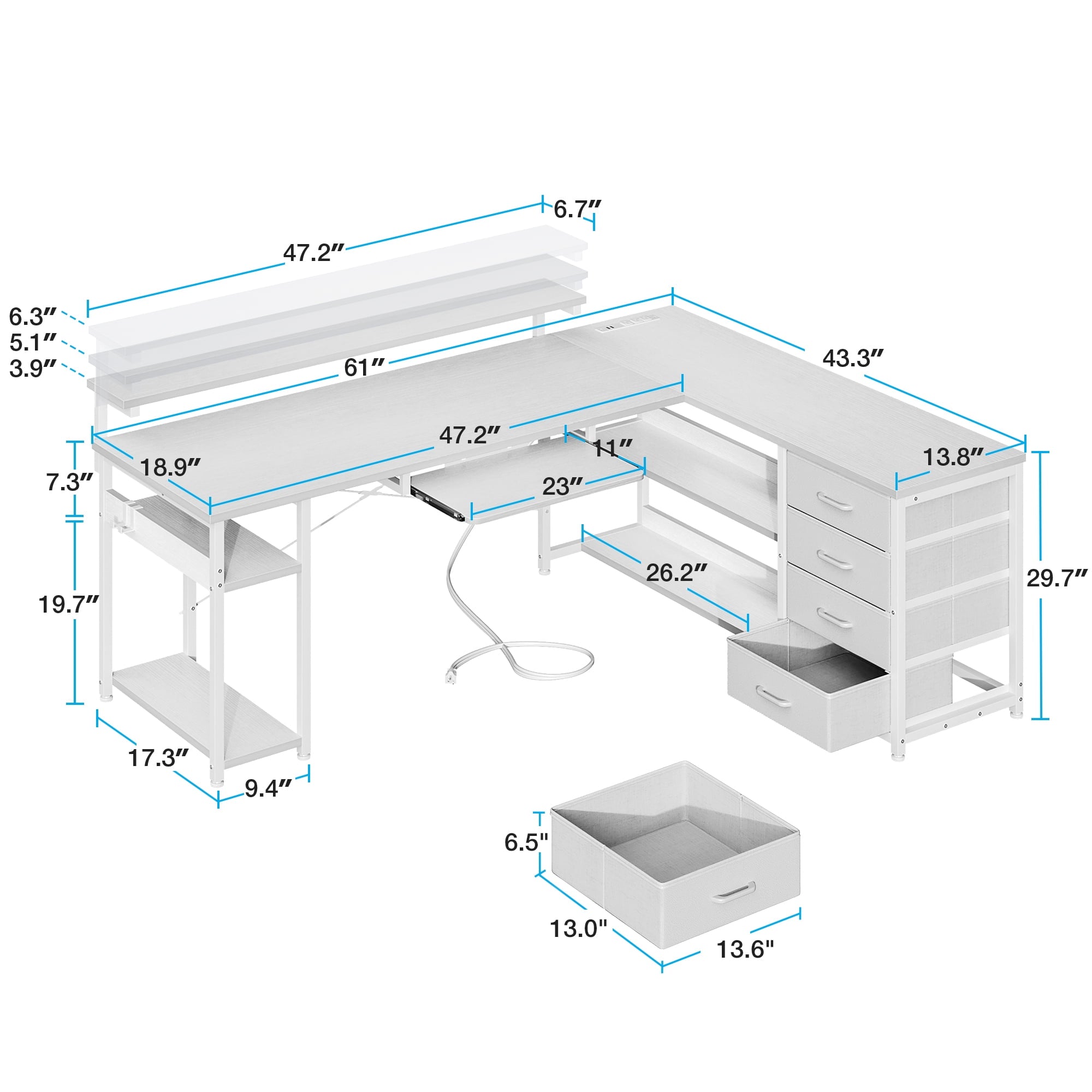 Sofanext 61 inch L Shaped Gaming Desk with 4 Drawers & Power Outlets, Home Office Desk with Adjustable Heights Monitor Stand & Keyboard Tray, Computer Desk with LED Light, Pure White
