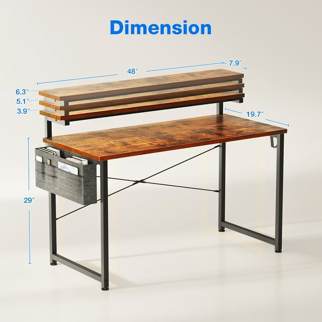 Computer Desk with Adjustable Monitor Stand(3.9”, 5.1”, 6.3”), 48 inch Home Office Desk with Storage Bag, Simple Modern Style Laptop Desk for Small Space, Vintage