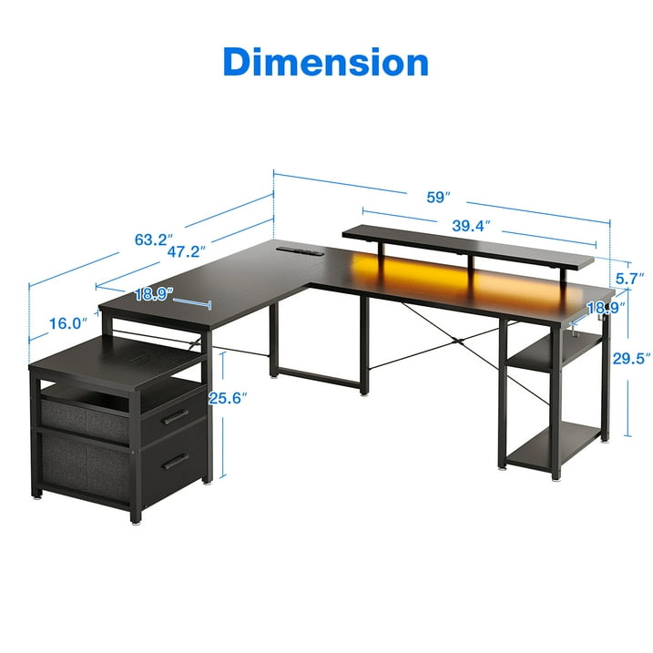 L Shaped Gaming Desk with Drawers, 59