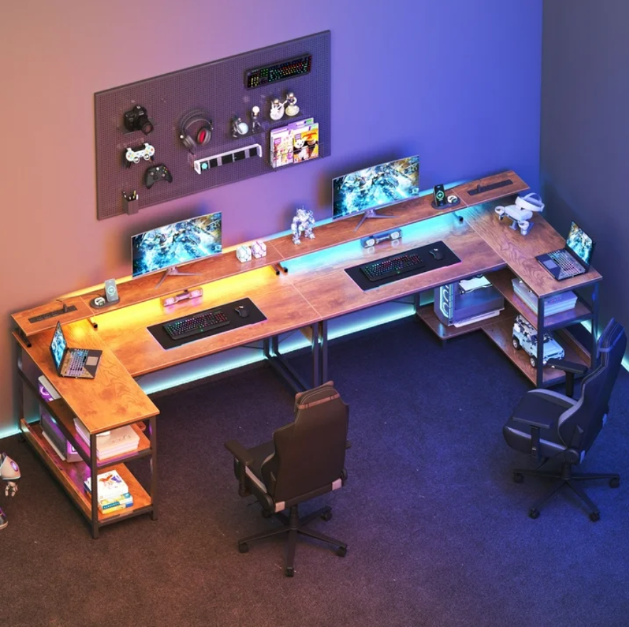 48 inch Reversible L Shaped Gaming Desk with LED Lights & Power Outlet, Corner Computer Desk with Storage Shelves & CPU Stand, Home Office Desk with Monitor Shelf, Modern Writing Table, Vintage