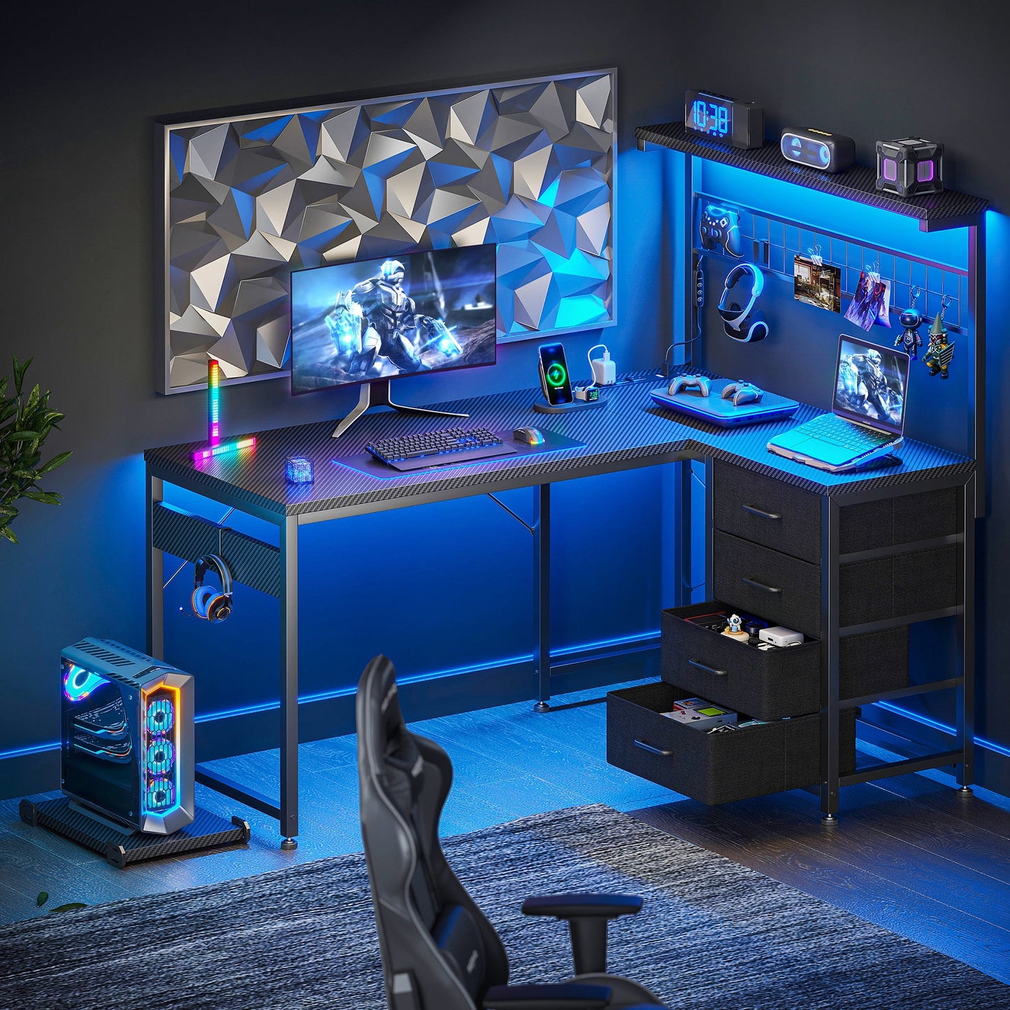 Sofanext 43 inch L Shaped Desk with 4 Storage Drawers, Reversible L Shaped Gaming Desk with Power Outlets & LED Lights, Computer Desk with Movable CPU Stand & Hutch for Home Office, Black