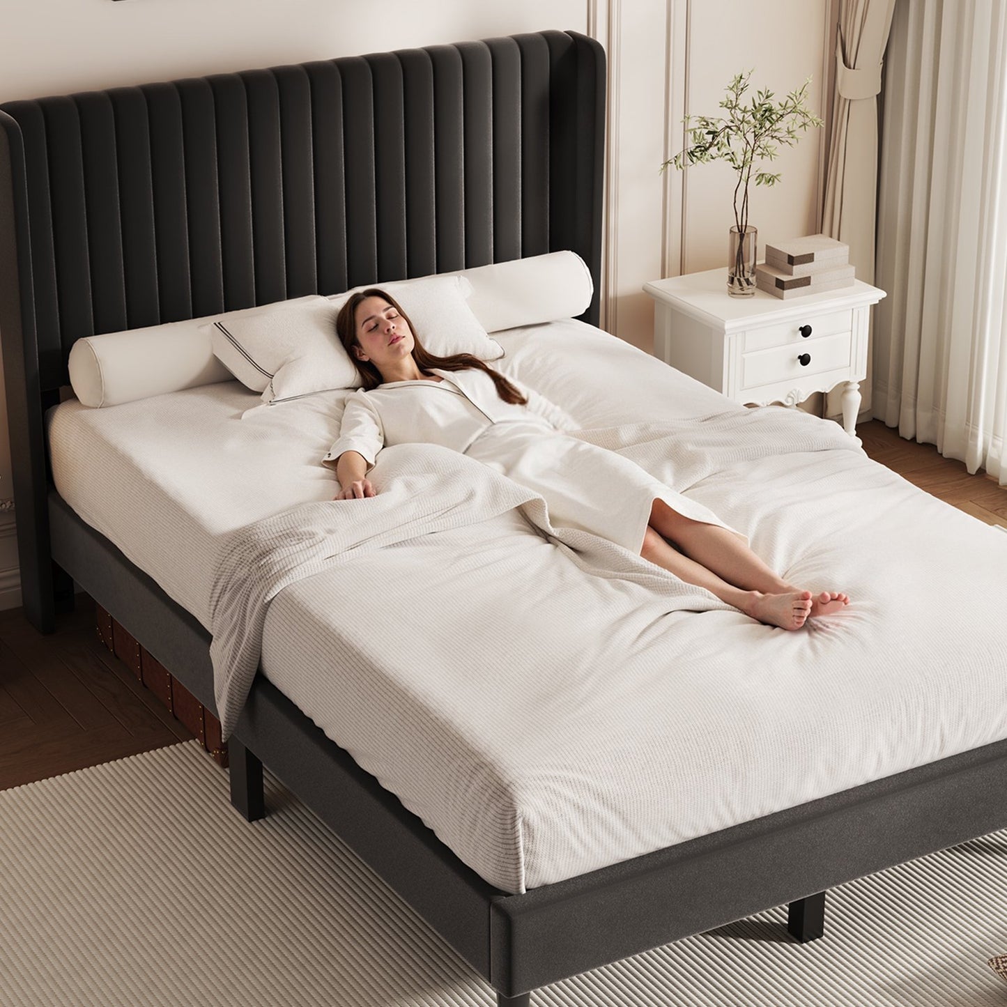 Sofanext Queen Wingback Platform Bed Frame with Tall Velvet Upholstered Headboard, Wood Slat Support, No Box Spring, Noise-Free, Deep Black
