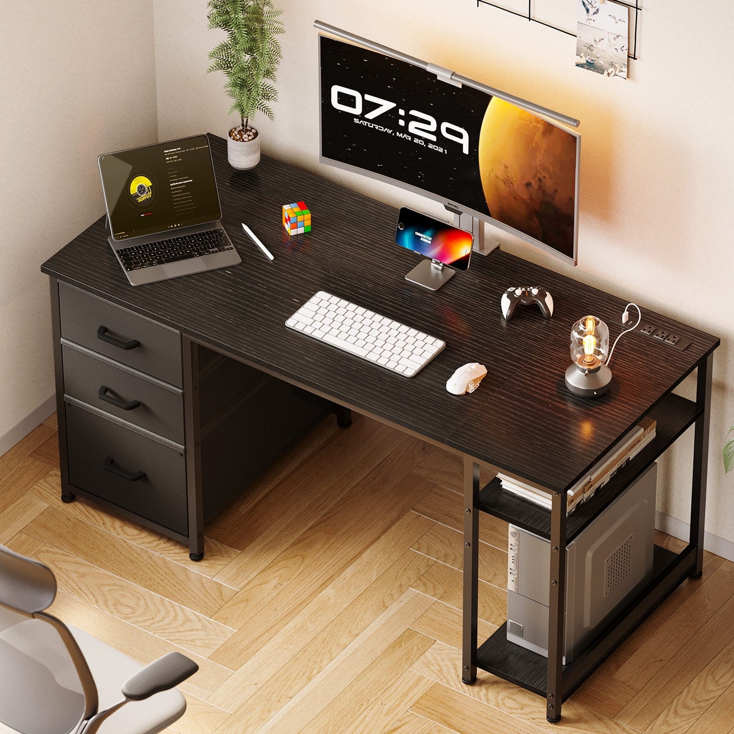 51 Inch Computer Desk with File Drawers & USB Power Outlets- Reversible Home Office Desk with Storage Shelves, Work from Home, Writing Table for Bedroom, Black