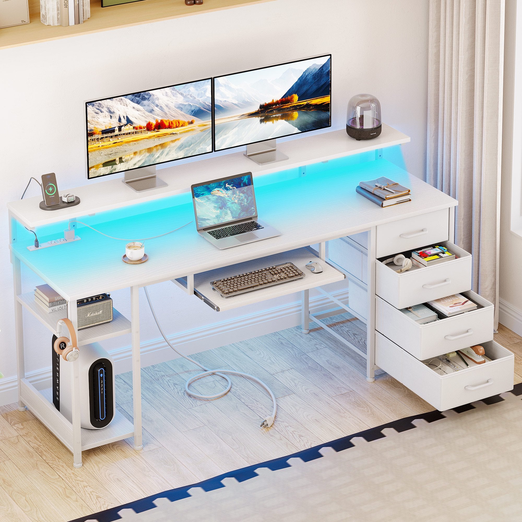 63 Rising Computer Desk 63 Inch Office Desk with Power Outlet and Adjustable Monitor Stand, Co ...