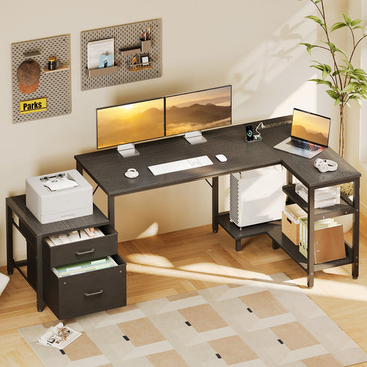 63" Office Desk with Power Outlets & CPU Holder, L-Shaped Corner Desk with File Cabinet, Storage Shelf & 2 Drawers for Large Spaces, Black