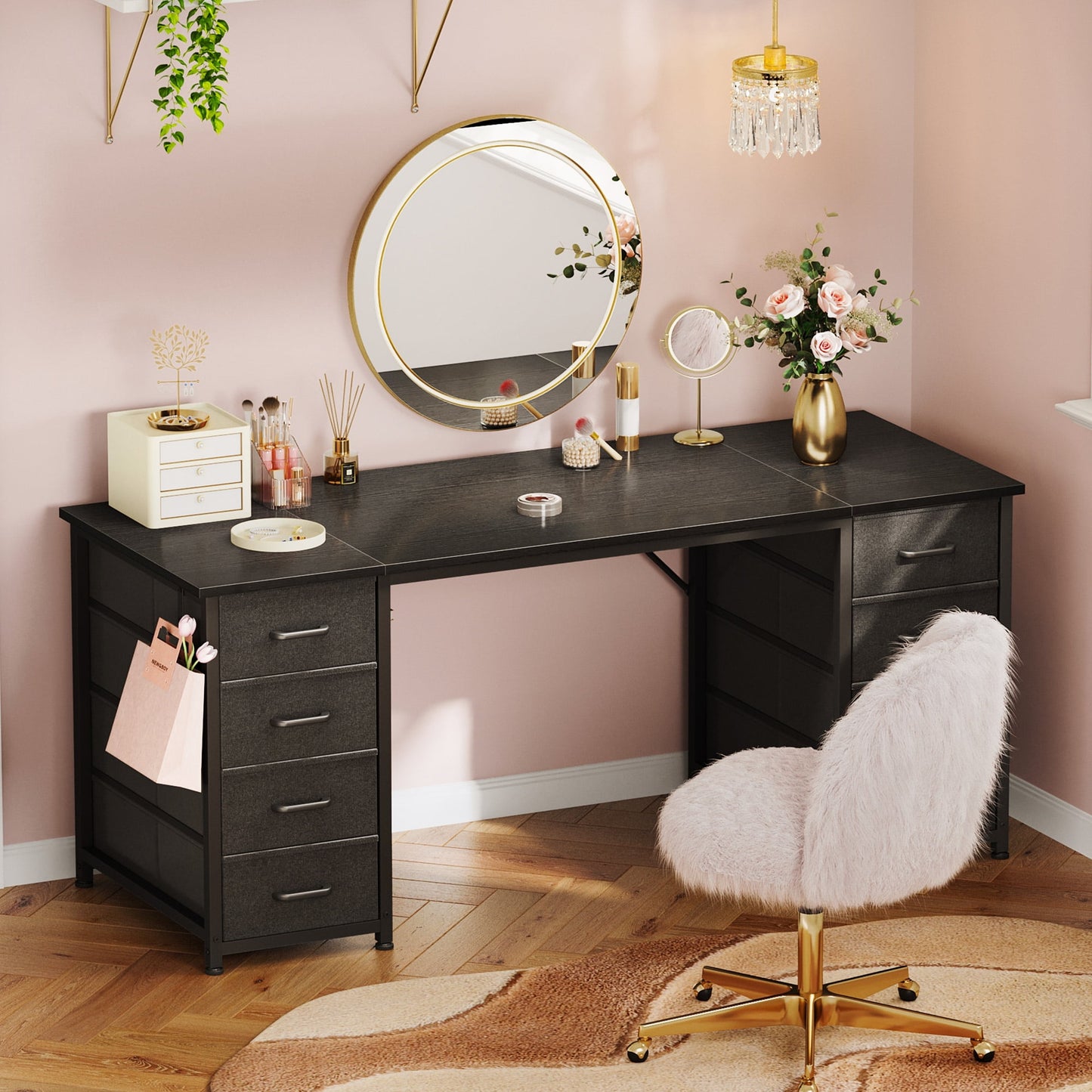 Black Computer Desk with Drawers for Storage - 55 inch Home Office Desk with 8 Fabric Drawers, Writing Study Desk with Drawers on Both Sides for Bedroom