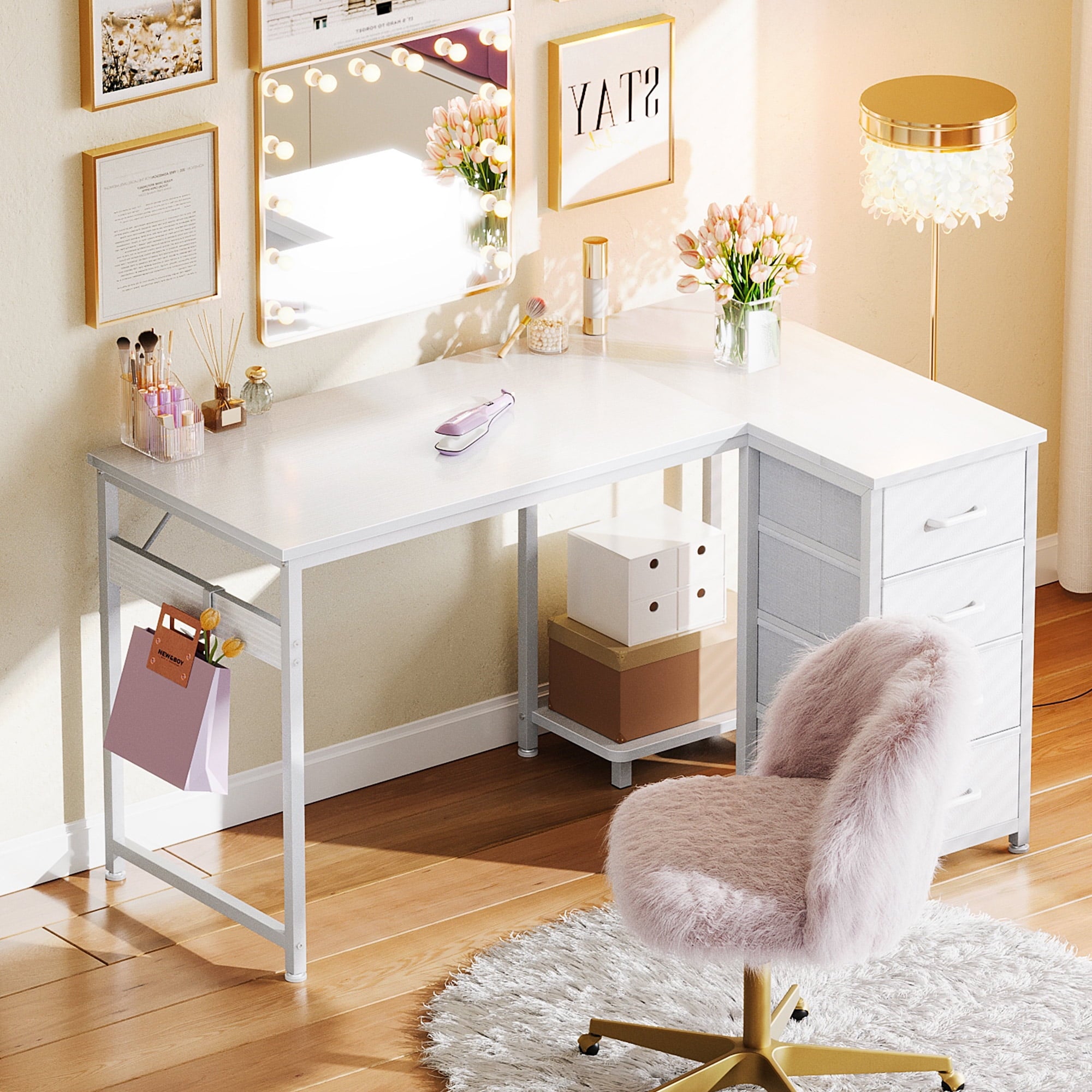 48 inch Computer Desk with 4 Fabric Drawers — Home Office Desks with Storage, Writing Desk with Side Hook, Kids Desk Study/Work Table for Bedroom and Small Space, White