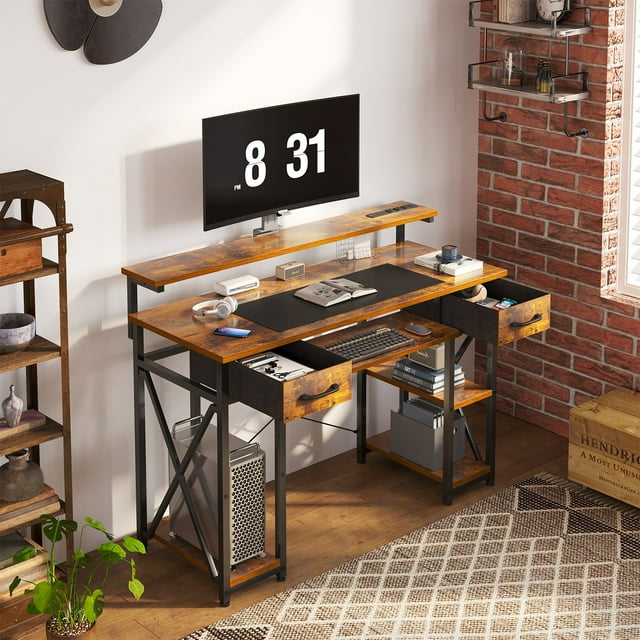 48 inch Office Desk with Adjustable Monitor Stand, Gaming Desk with Power Outlets, Modern Computer Desk with Drawers & Keyboard Tray for Home Office, Vintage