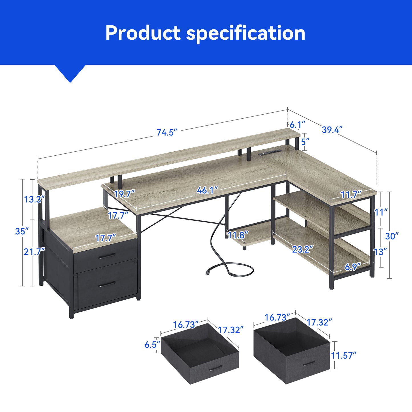 Sofanext 75 inch L Shaped Desk with Power Outlets,Large Computer Desk with File Drawer,Home Office Desk with Printer Stand & Storage Shelves,Gaming Desk with Monitor Shelf,Corner Desk,Grey Oak