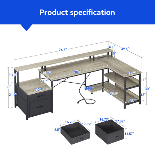 Sofanext 75 inch L Shaped Desk with Power Outlets,Large Computer Desk with File Drawer,Home Office Desk with Printer Stand & Storage Shelves,Gaming Desk with Monitor Shelf,Corner Desk,Grey Oak