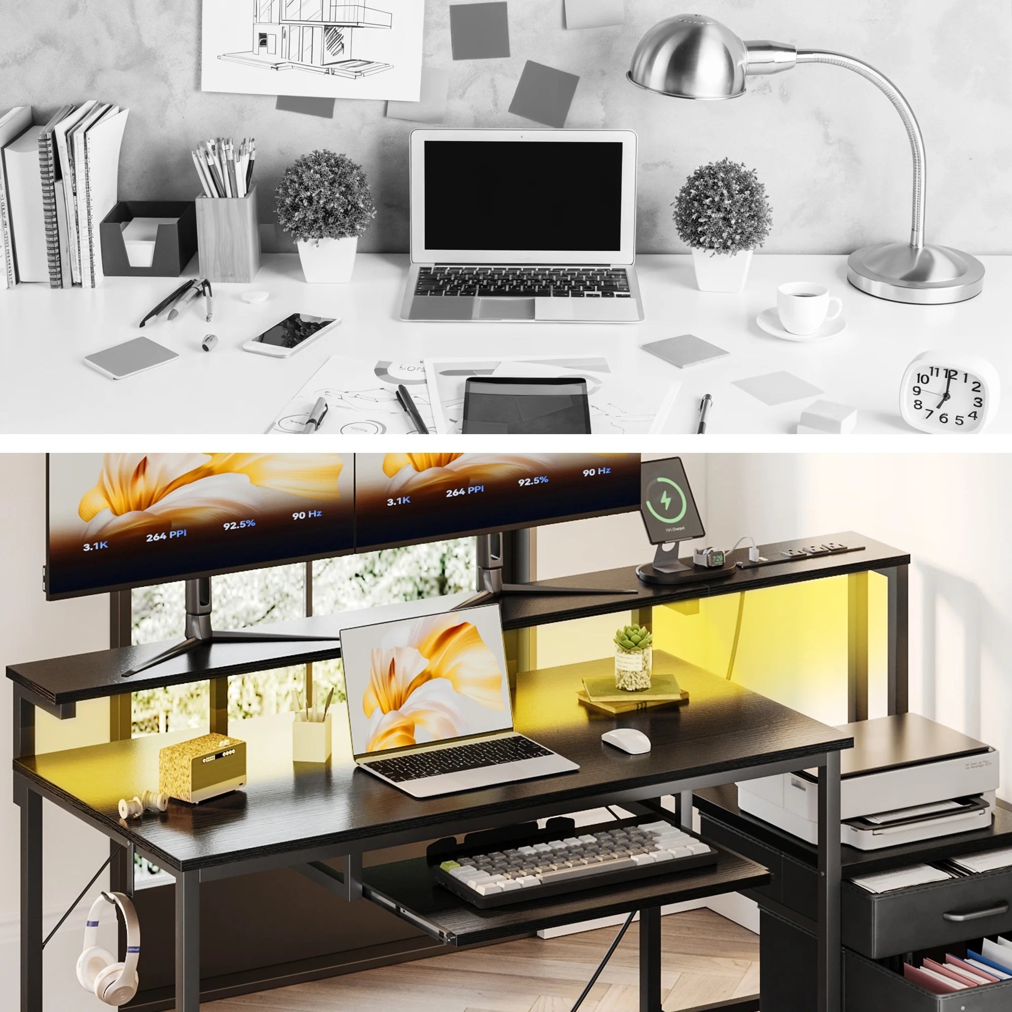 55 Inch Reversible Gaming Desk with Power Outlets and LED Light, Office Desk with File Cabinet & Drawer, Computer Desk with Keyboard Tray and Full Monitor Riser and PC Stand, Study Table, Black