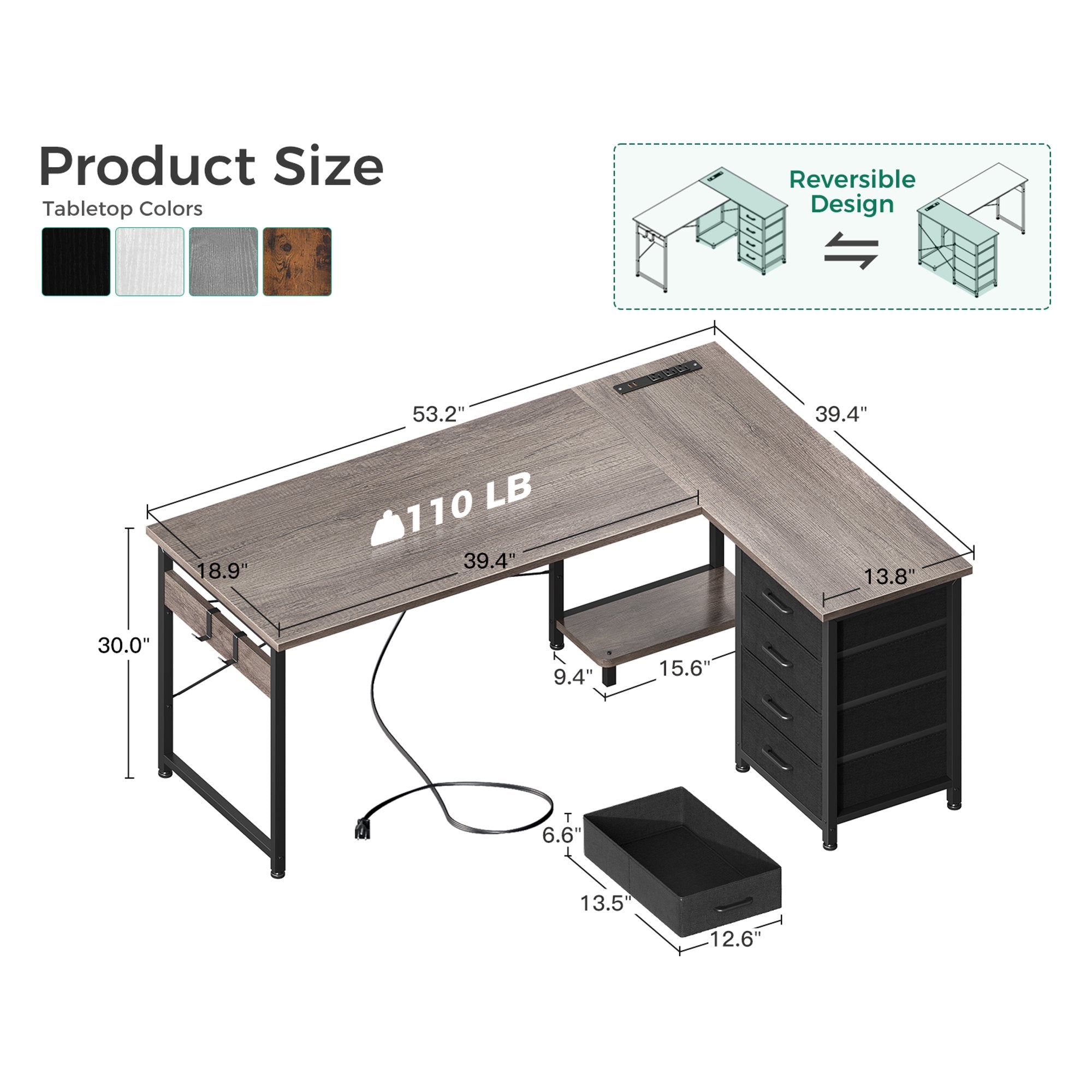 Sofanext Reversible Modern Simple Style L Shaped Desk with Charging Station and Drawers, Gray Oak