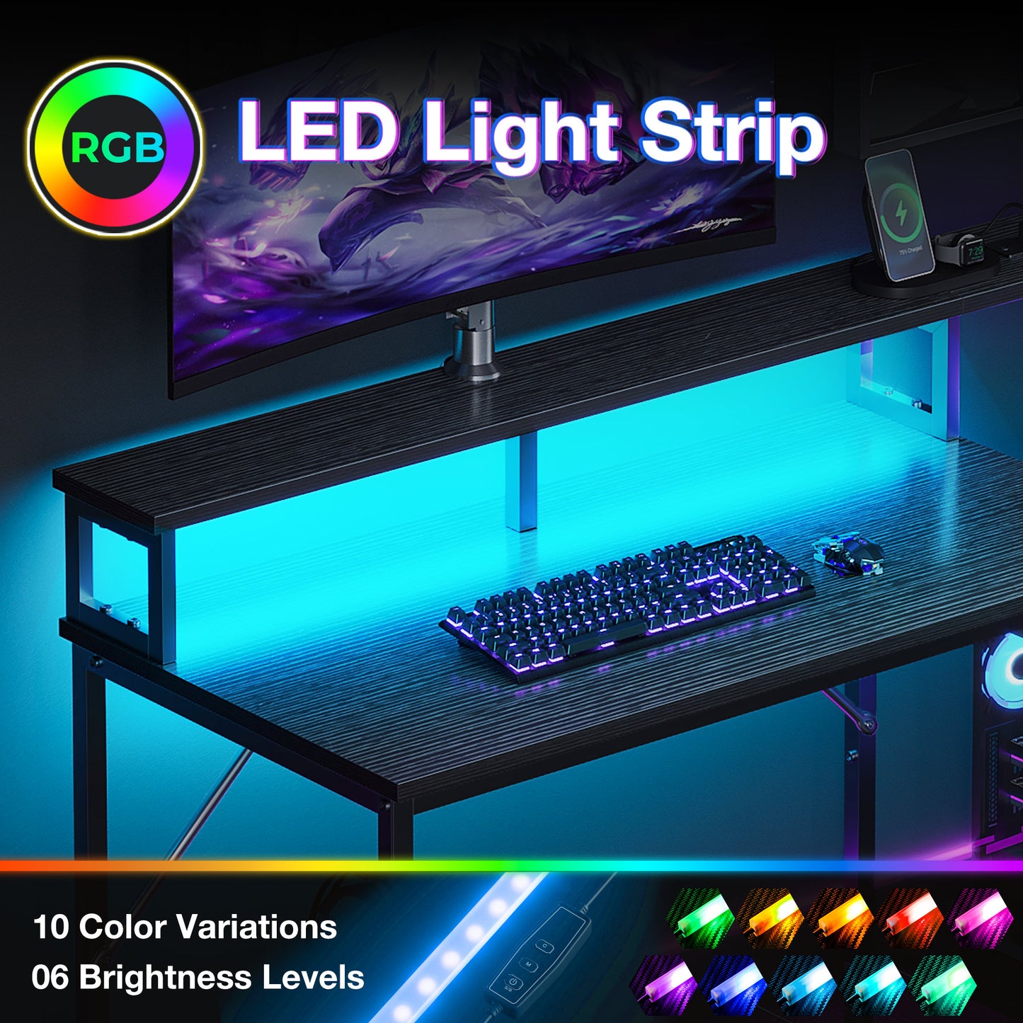 Sofanext 98" Computer Desk with USB Ports & Power Outlets, Large Gaming Desk with Display Stand & LED Strip, Storage Shelves for Home Office, Suitable for 2 People Use, Black