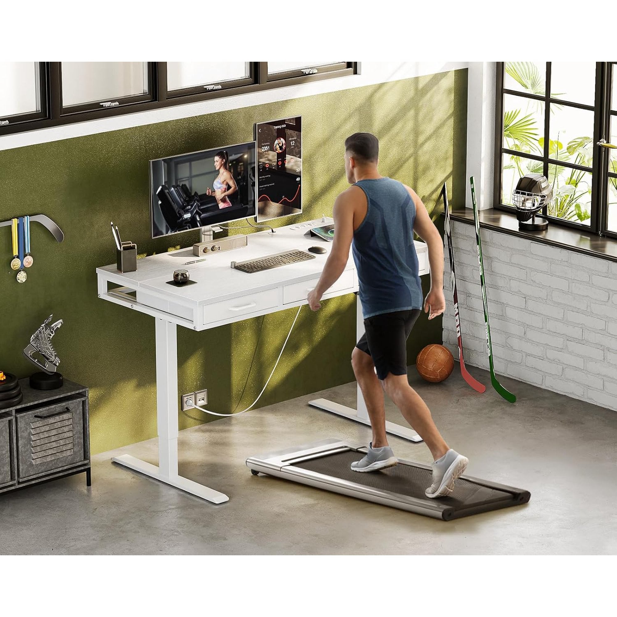 Electric Standing Desk with Drawers, 47 Inch Height Adjustable Small Desk with Power Outlets, Sit Stand Table, Writing Computer Desk for Home, Office, Workstation, White