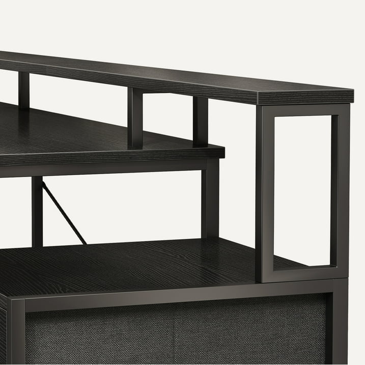66" Reversible L Shaped Desk with File Drawer & Power Outlet, Modern Computer Desk with LED Strip, Home Office Desk with Storage Shelves, Gaming Desk with Monitor Shelf, Corner Desk, Black