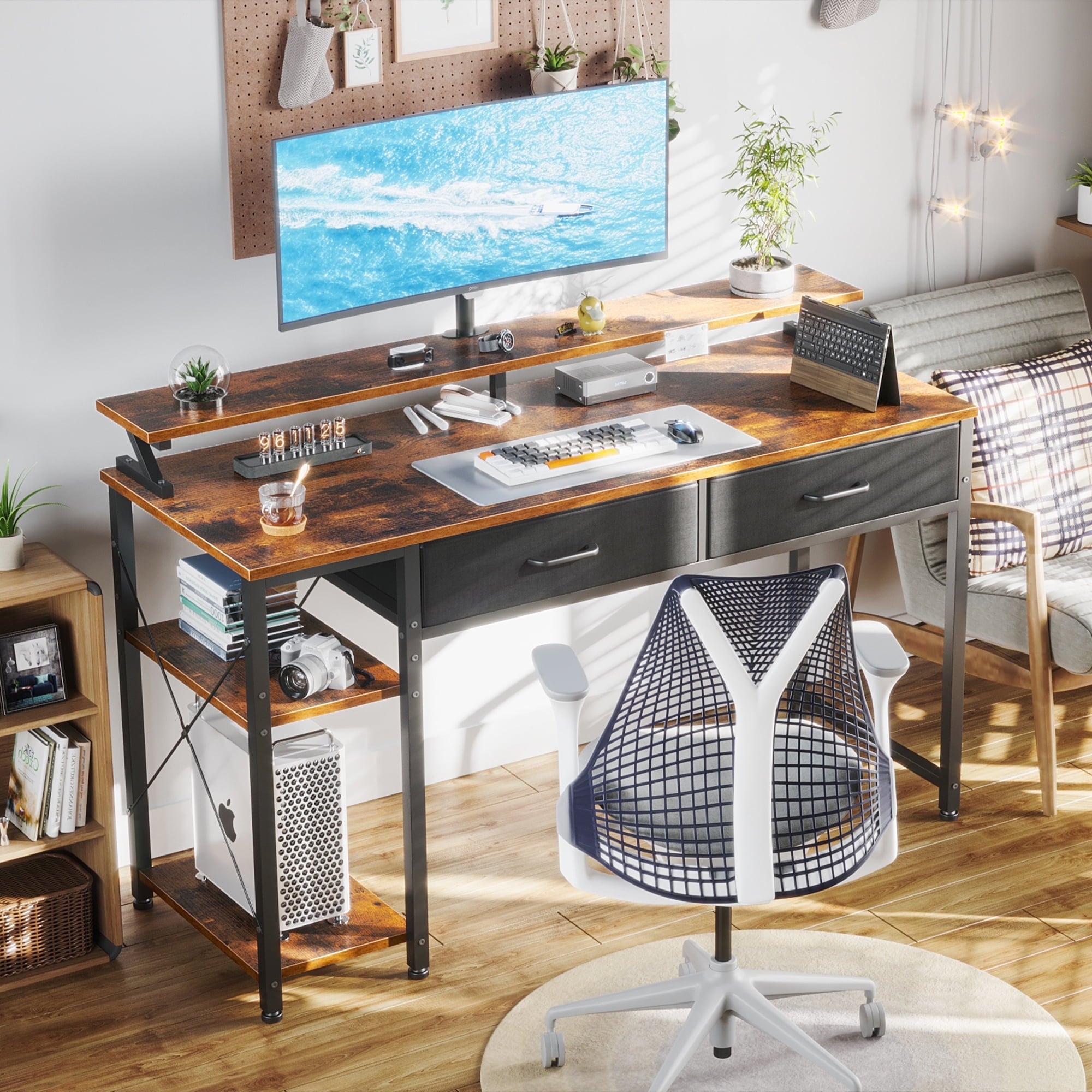 Computer Desk with Drawers and Storage Shelves, 48 inch Home Office Desk with Monitor Stand, Work Study PC Desk for Small Spaces, Rustic Brown