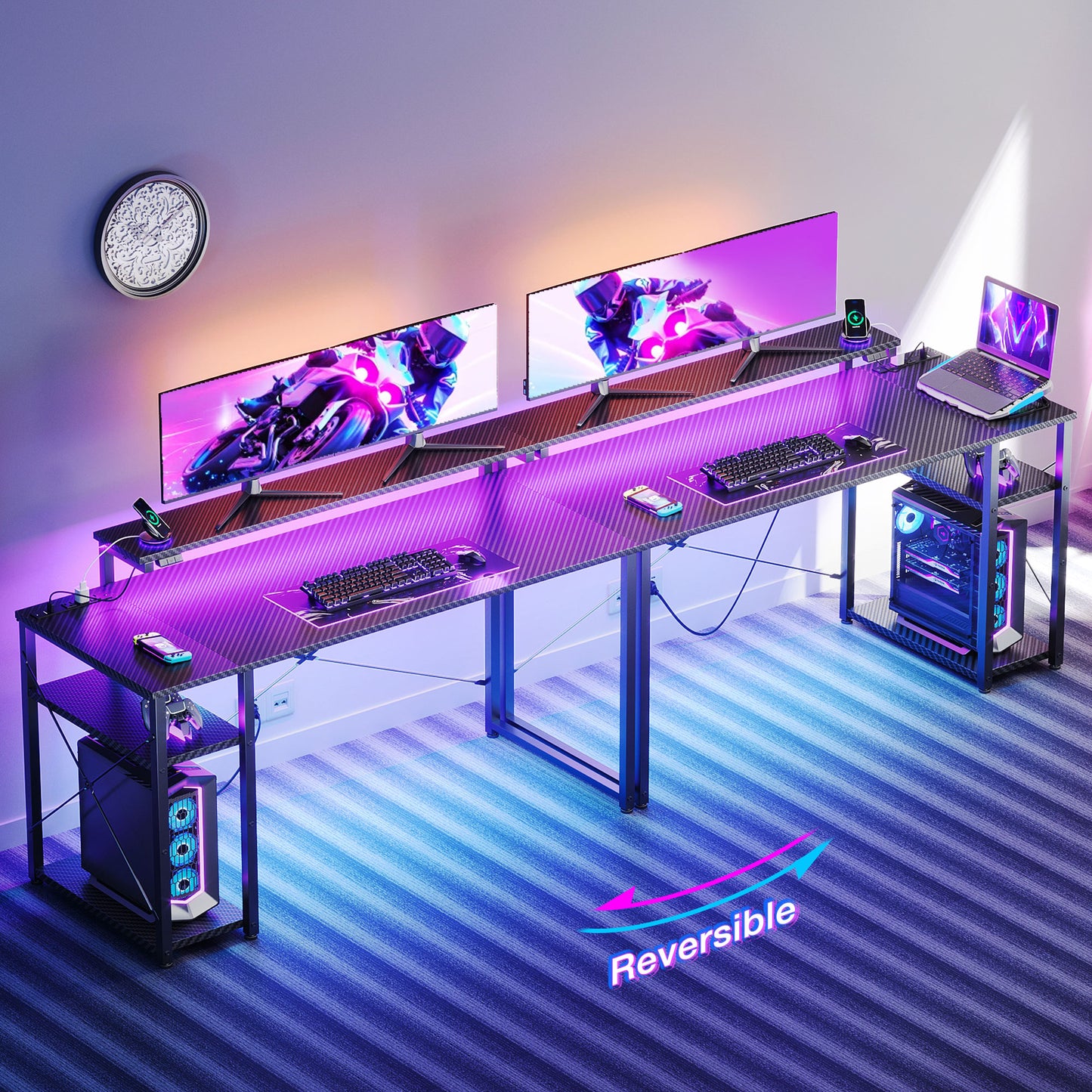 47-Inch Gaming Desk with LED Light & Power Outlets, Home Office Desk with Storage Shelf, Computer Desk with Monitor Stand, Black