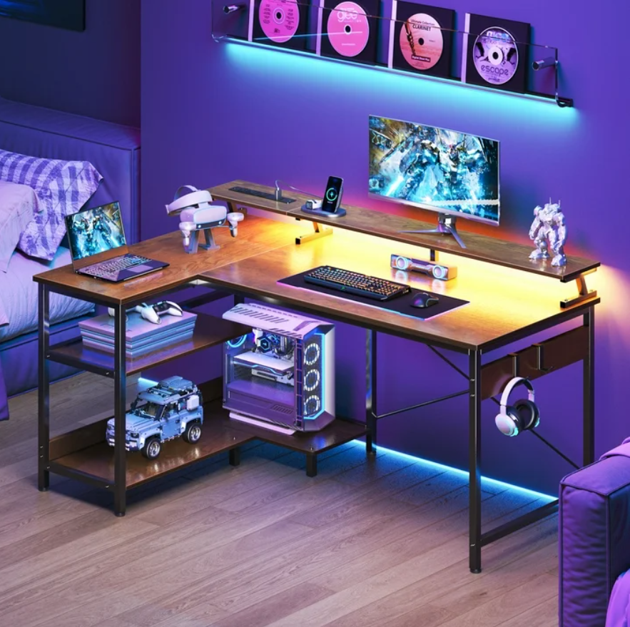 48 inch Reversible L Shaped Gaming Desk with LED Lights & Power Outlet, Corner Computer Desk with Storage Shelves & CPU Stand, Home Office Desk with Monitor Shelf, Modern Writing Table, Vintage