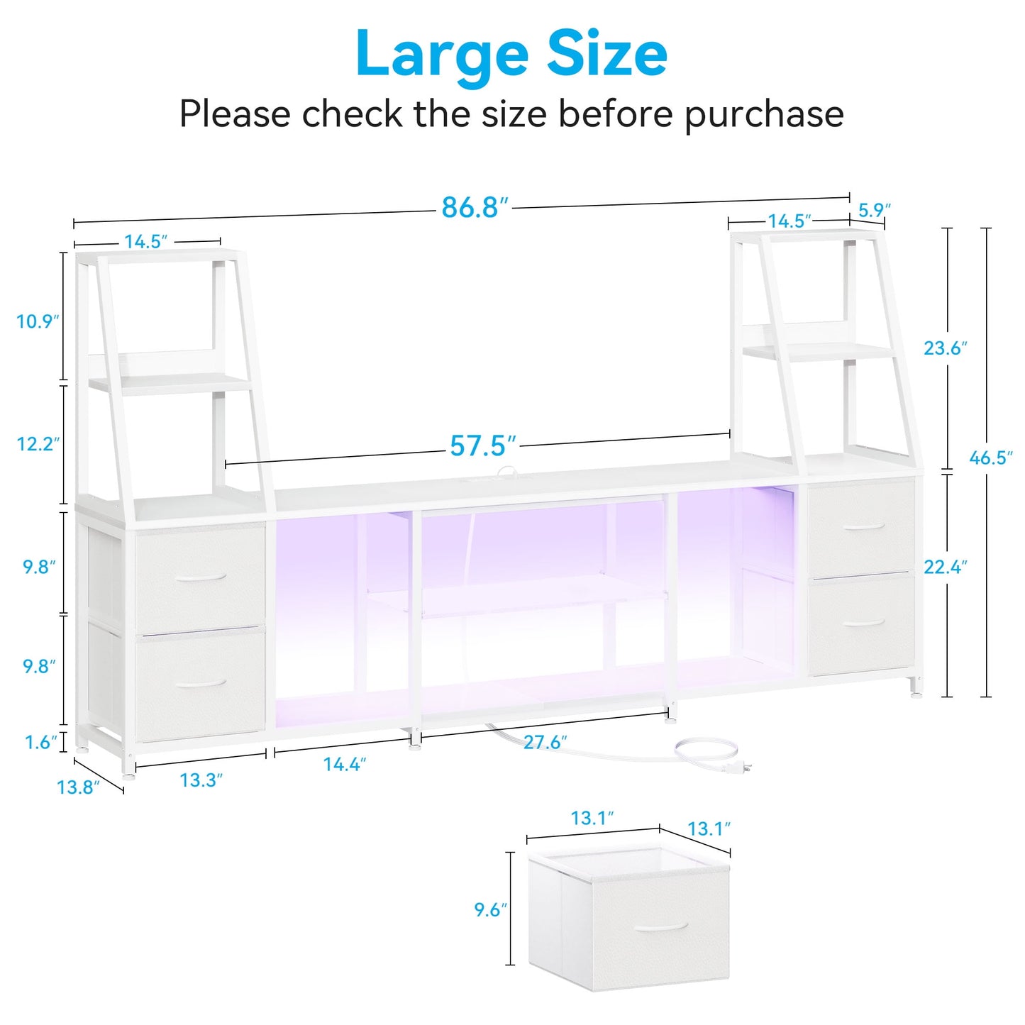 Sofanext TV Stand for up to 65 Inch TV, 87" Entertainment Center with Power Outlets & LED Lights, Modern Media Console with Glass Shelf & 4 Fabric Drawers for Living Room Bedroom, White