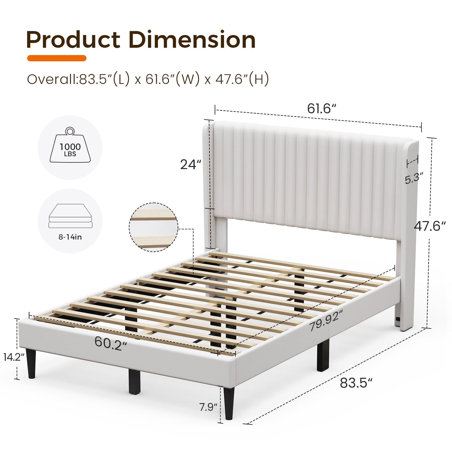 Sofanext Queen Wingback Platform Bed Frame with Tall Velvet Upholstered Headboard, Wood Slat Support, No Box Spring, Noise-Free, Cream White