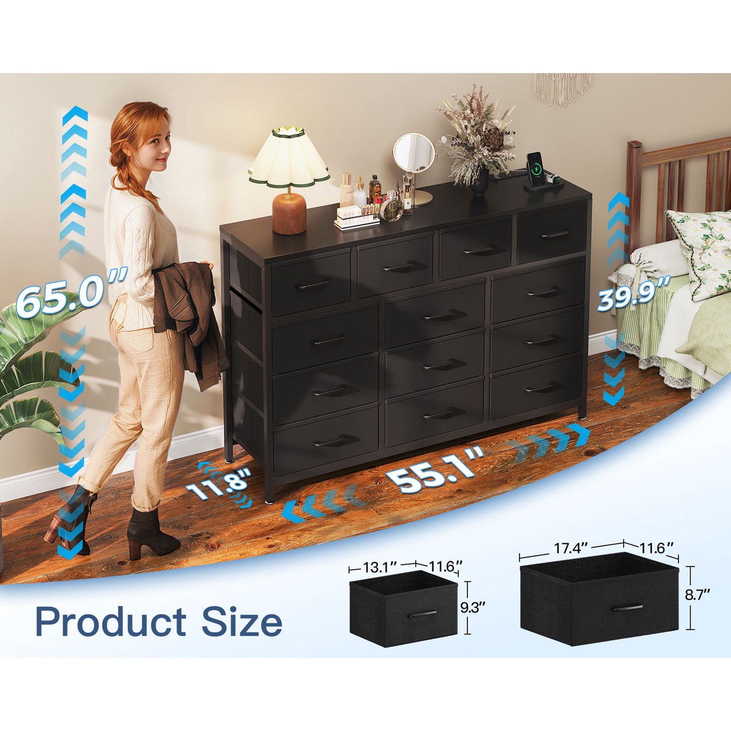 Casacomoda Dresser with Charging Station, 55-Inch Long Dressers for Bedroom, Large Dressers TV Stand with 13 Storage Drawers, Fabric Dresser Chest of Drawers, Black
