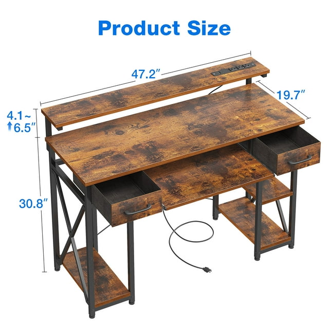 48 inch Office Desk with Adjustable Monitor Stand, Gaming Desk with Power Outlets, Modern Computer Desk with Drawers & Keyboard Tray for Home Office, Vintage