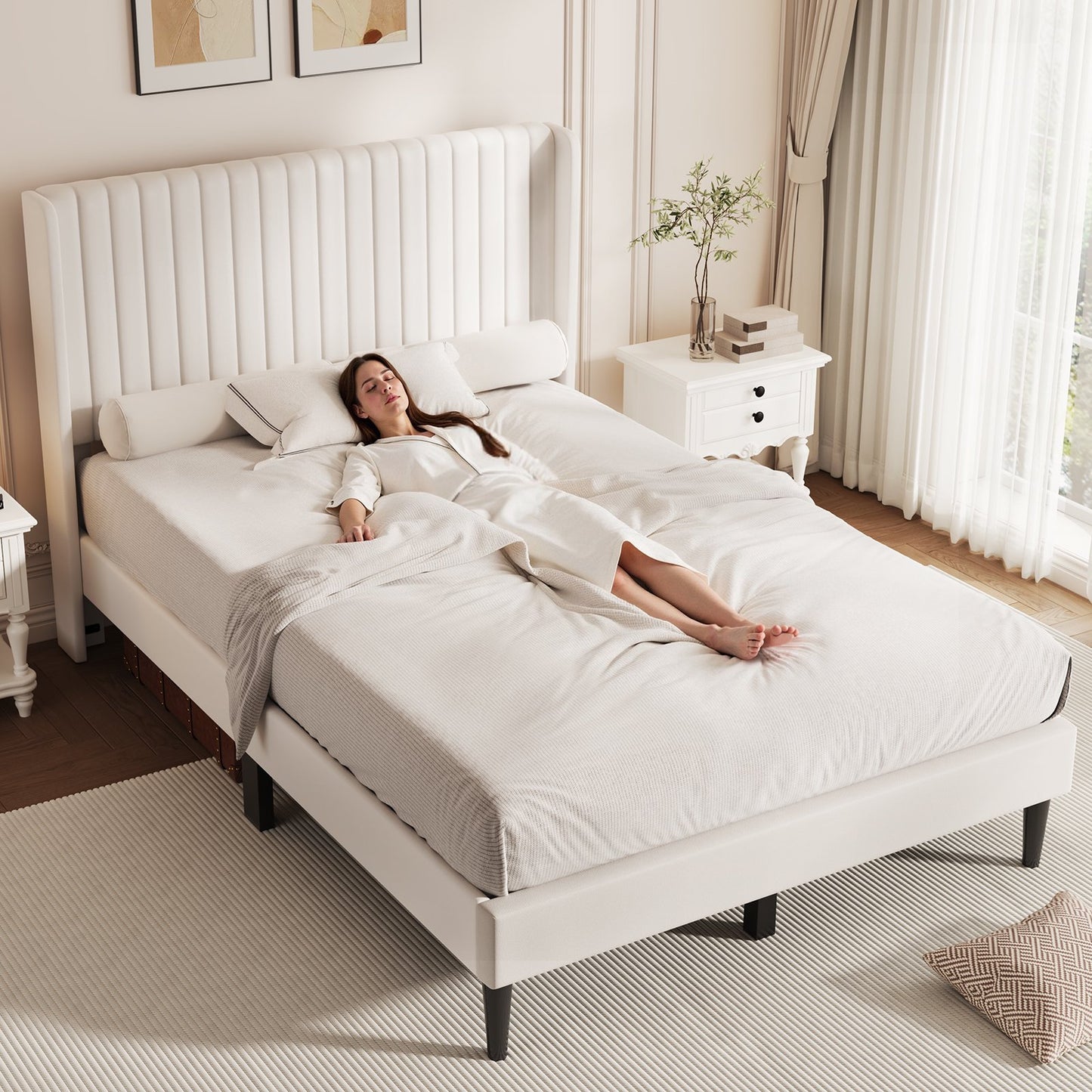 Sofanext Queen Wingback Platform Bed Frame with Tall Velvet Upholstered Headboard, Wood Slat Support, No Box Spring, Noise-Free, Cream White