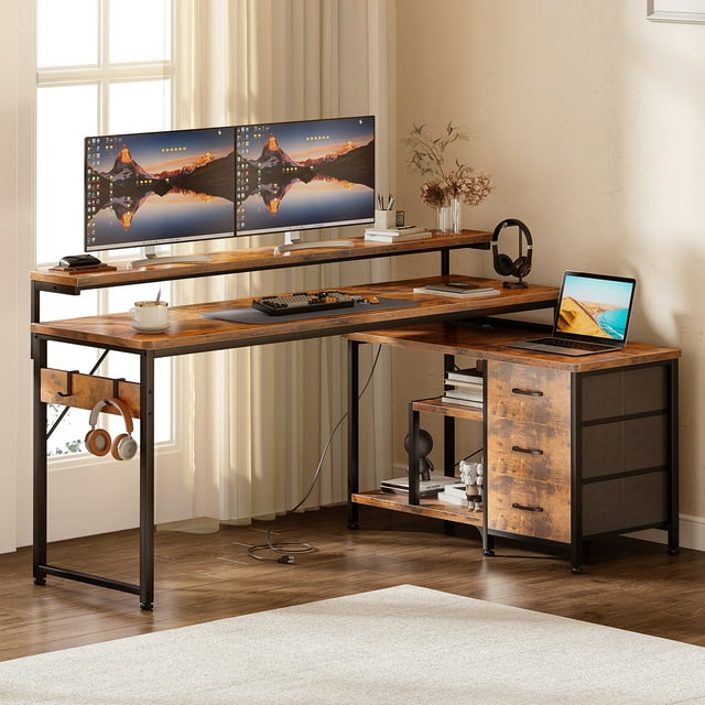 55 inch L Shaped Computer Desk with Drawers & Power Outlets, L-Shaped Gaming Desk with Removable File Cabinet, Reversible Corner Desk with Monitor Stand for Home Office Workstation, Rustic Brown