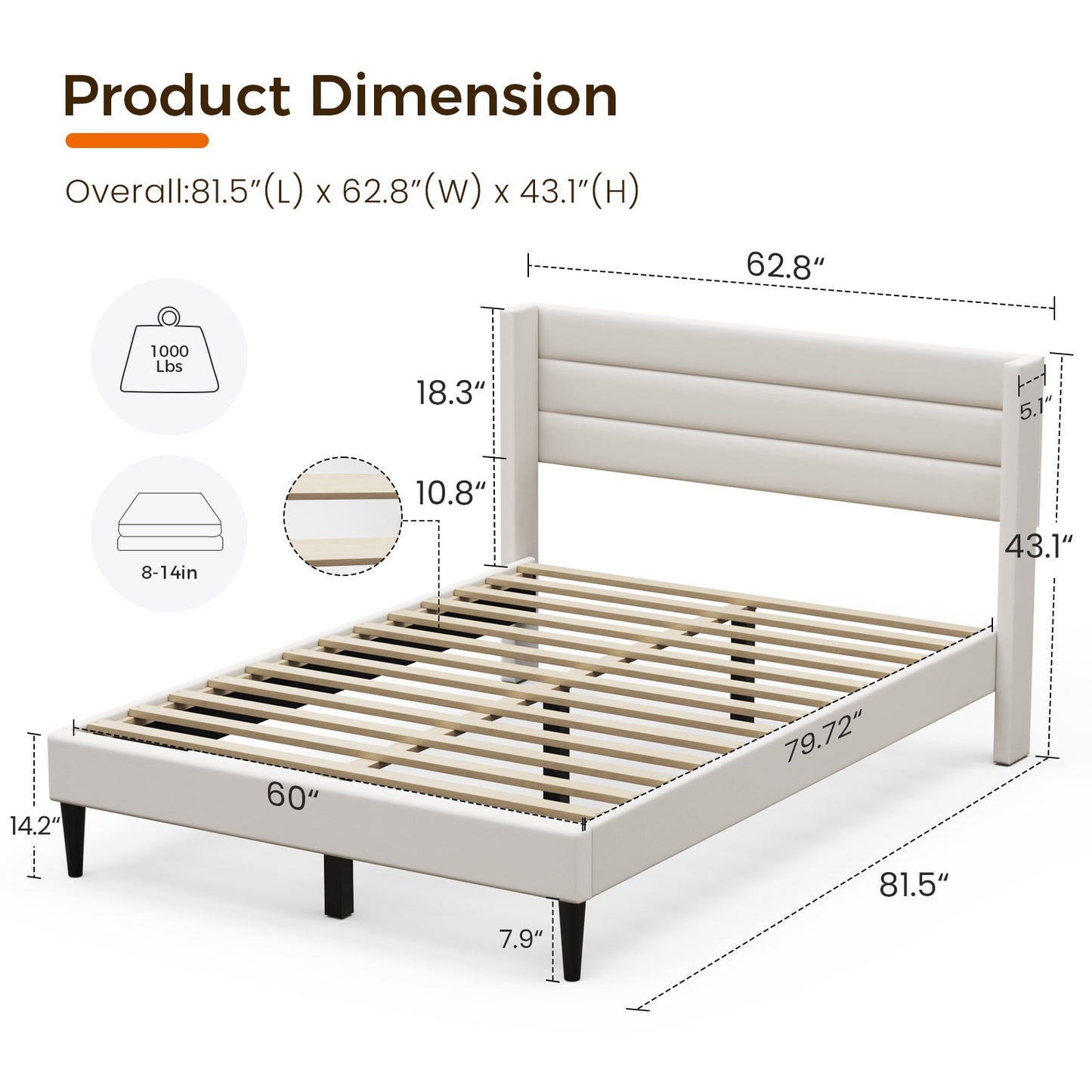 Sofanext Queen Bed Frame with Headboard, Upholstered Platform Bed Frame Queen, Wood Slat Support, No Box Spring Needed, Noise-Free, Cream White