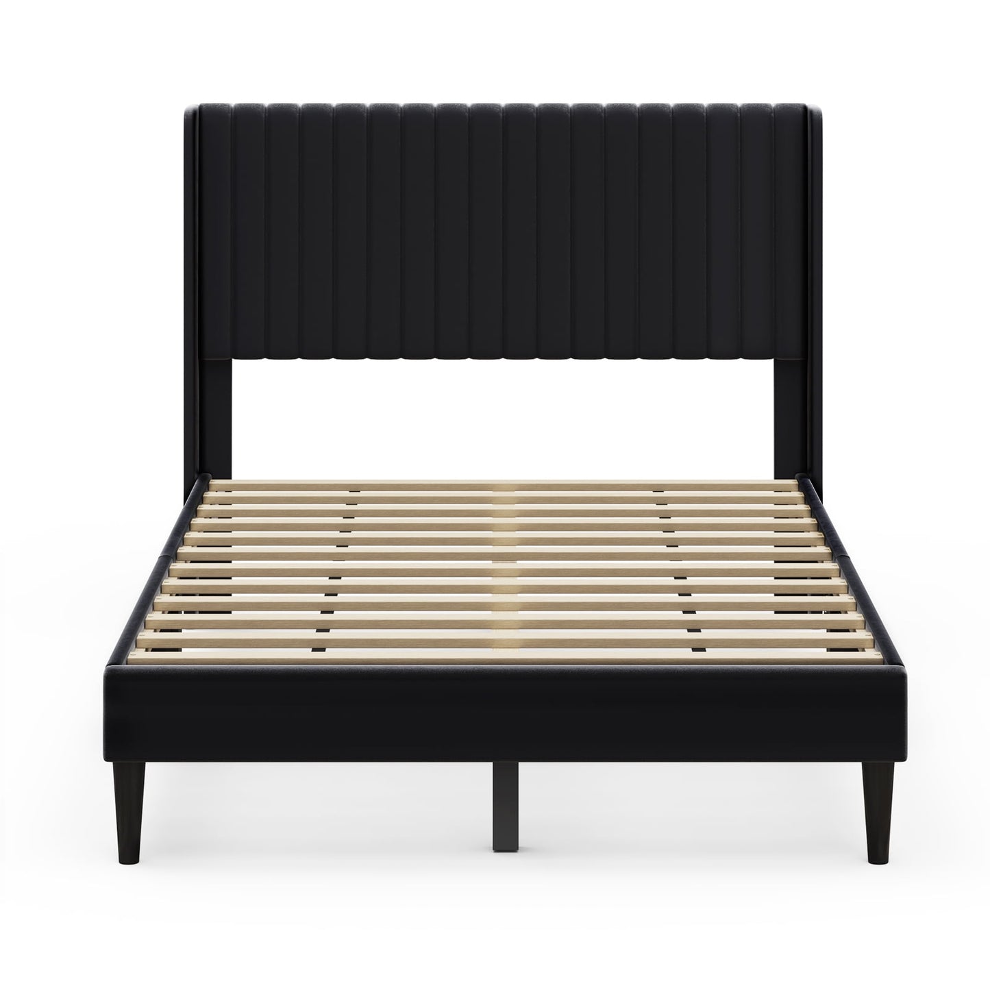 Sofanext Queen Wingback Platform Bed Frame with Tall Velvet Upholstered Headboard, Wood Slat Support, No Box Spring, Noise-Free, Deep Black