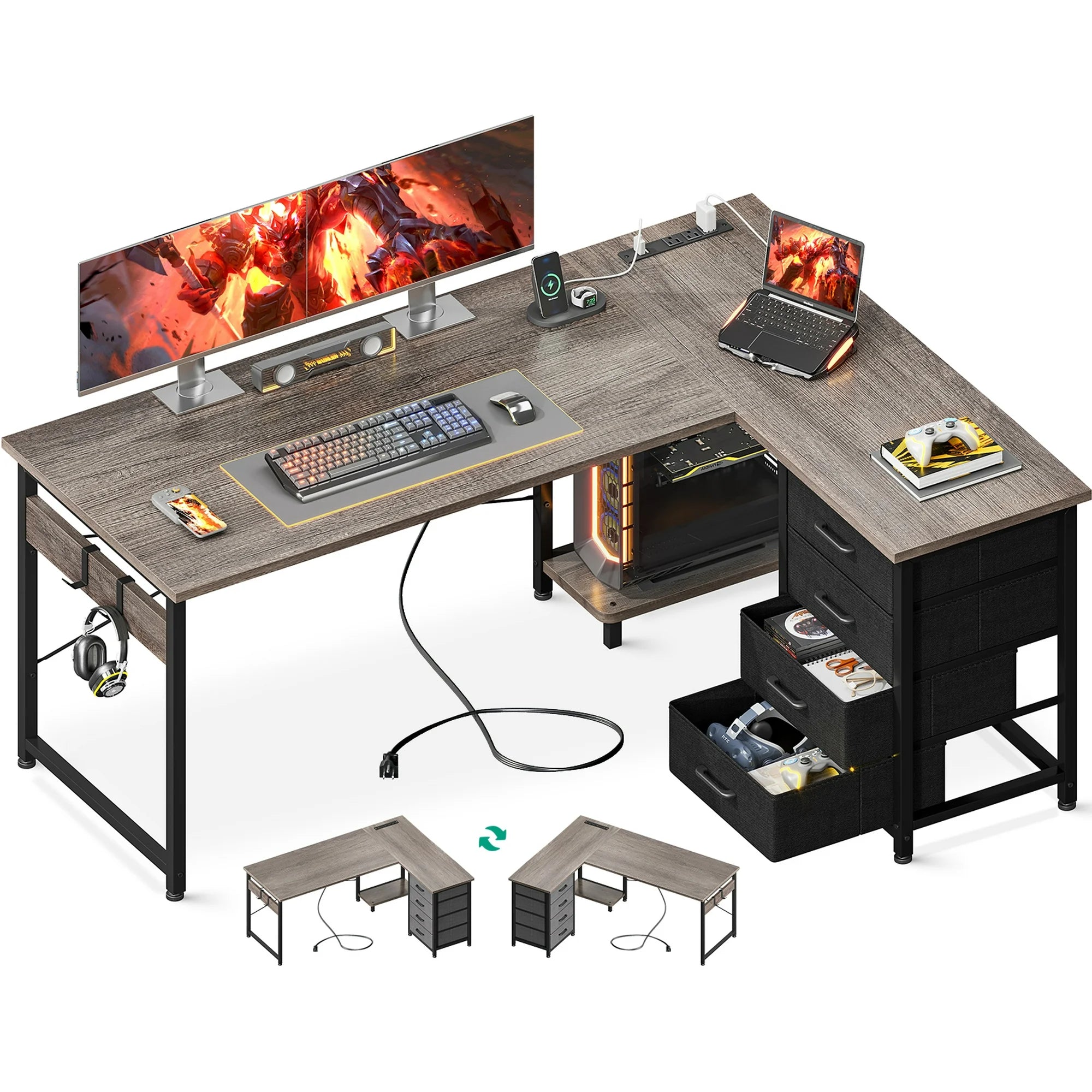 Sofanext Reversible Modern Simple Style L Shaped Desk with Charging Station and Drawers, Gray Oak