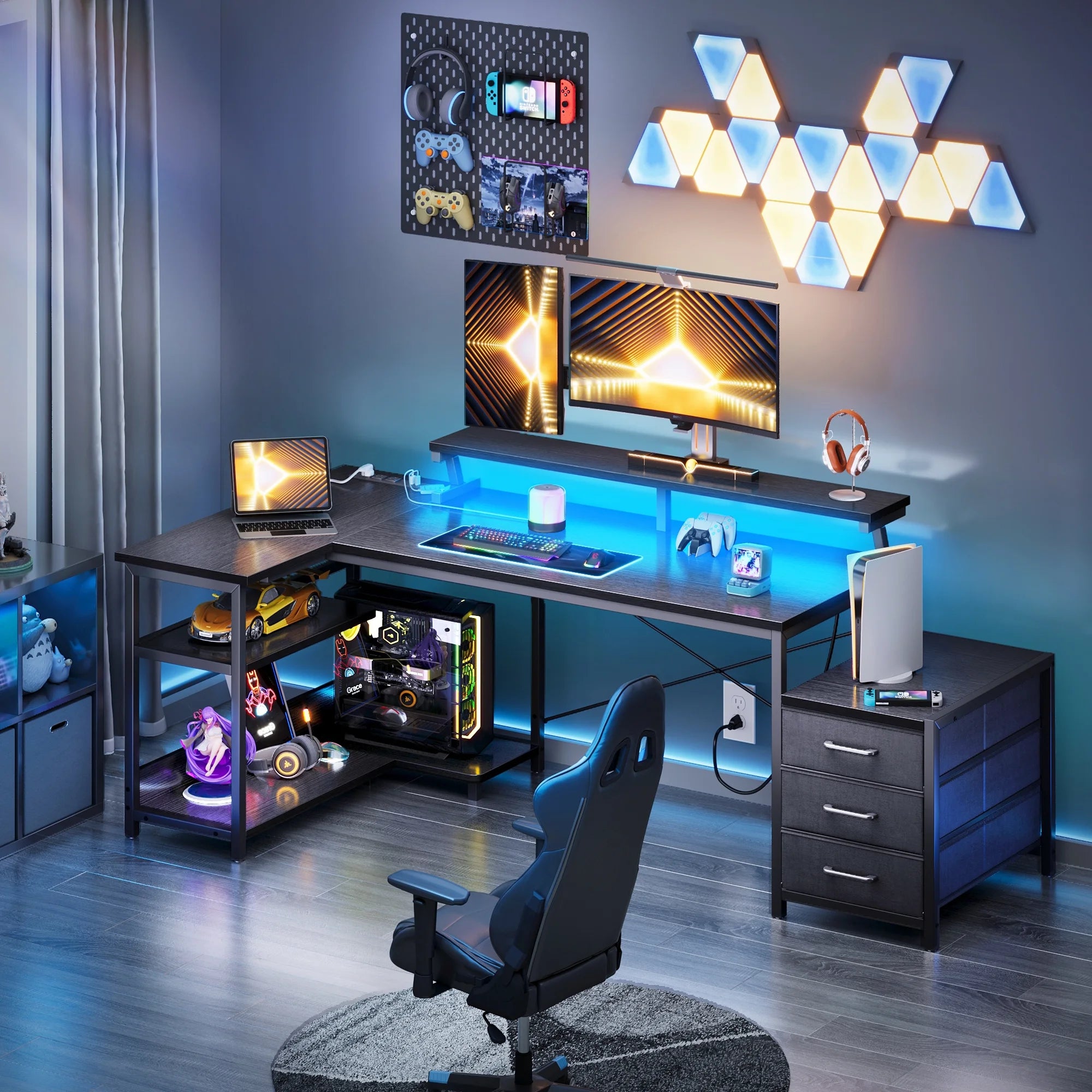 58 Inch Reversible Computer Desk with Power Outlets and LED Light, Office Desk with 3 Drawers& Storage Shelves, Modern Study Table with PC Stand for Home Office, Black